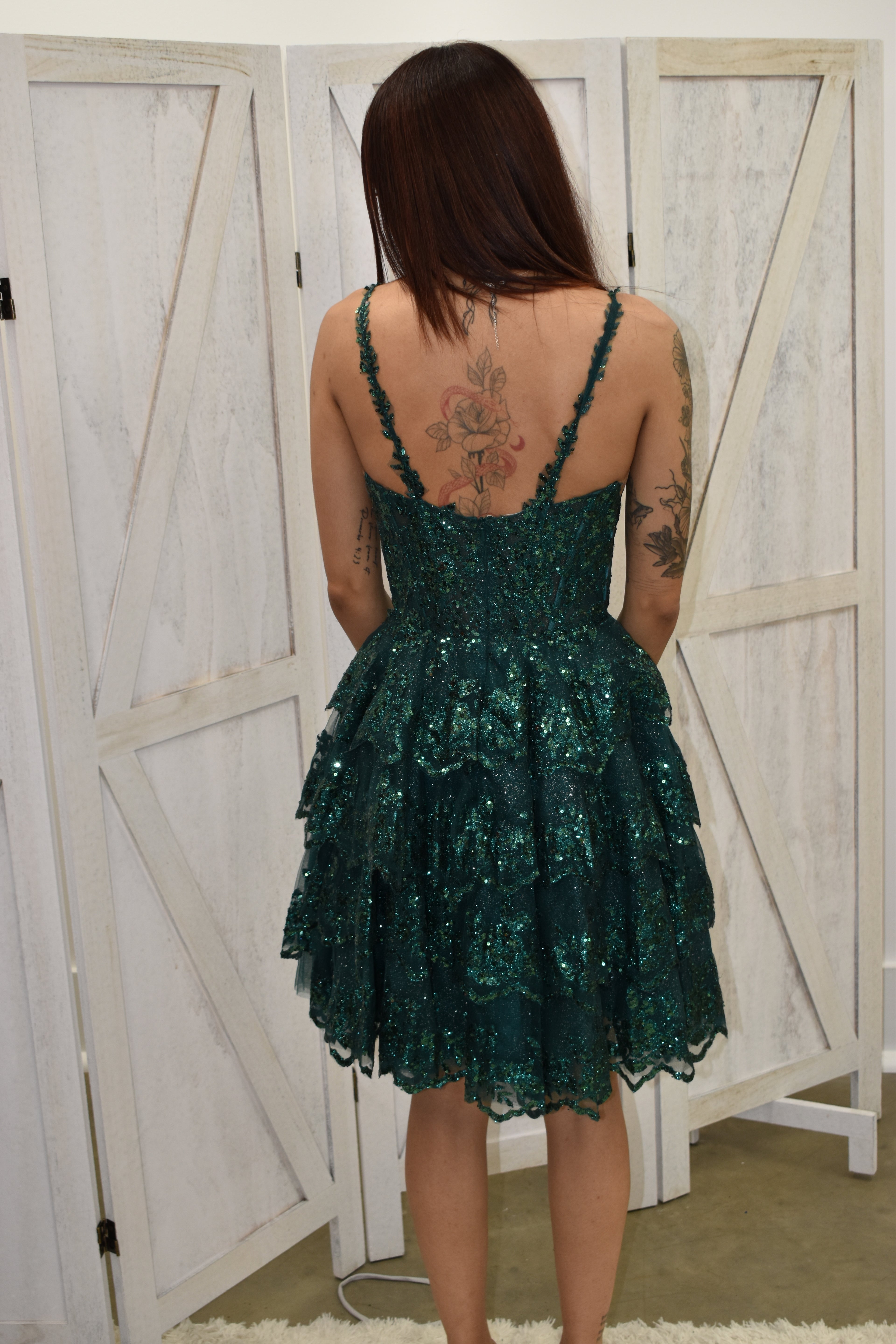 Emerald Lace Sequin A-Line Dress