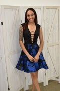 Black & Blue Floral Skater Dress with Cage Neckline