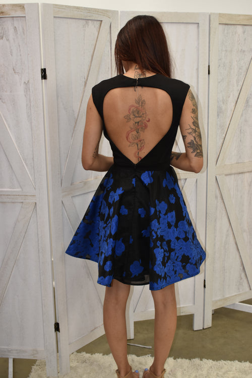 Black & Blue Floral Skater Dress with Cage Neckline