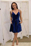 Royal Blue Velvet Skater Dress with Pockets
