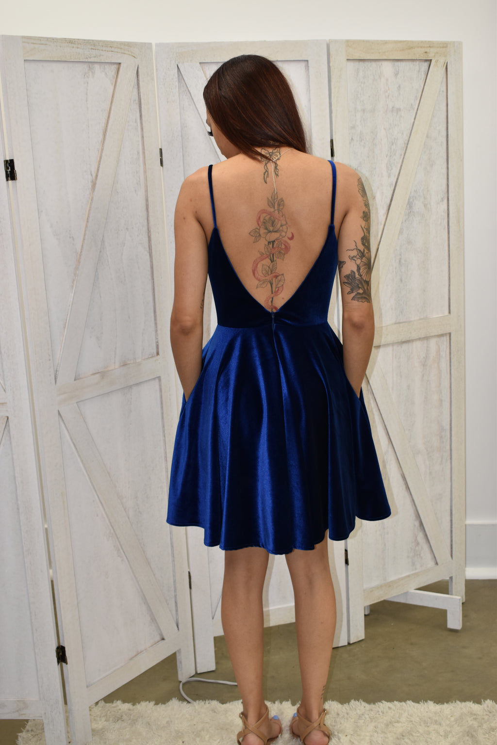 Royal Blue Velvet Skater Dress with Pockets