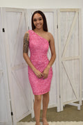 Hot Pink One-Shoulder Sequin Bodycon Mini Dress
