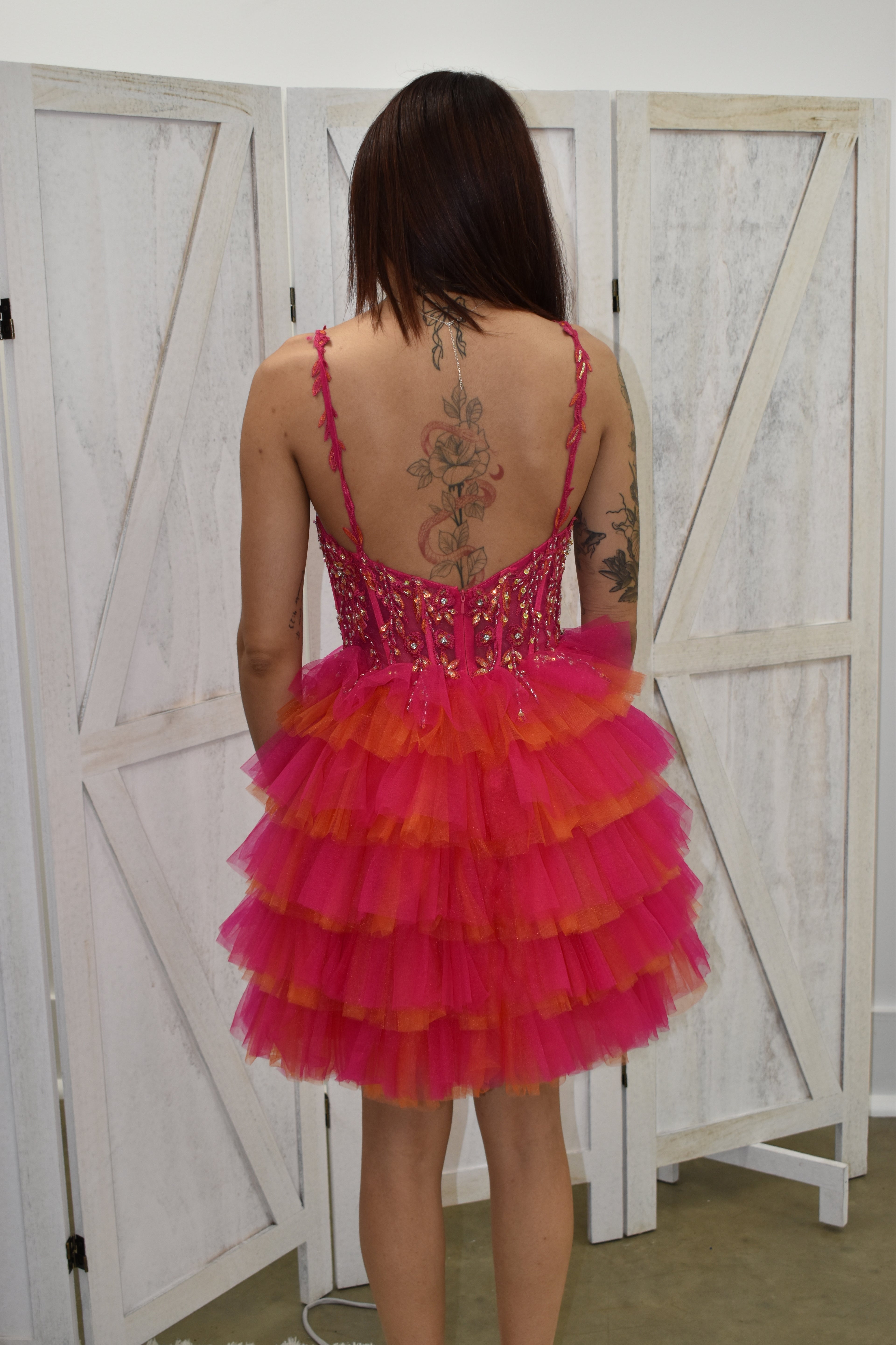 Hot Pink Beaded Bodice Tiered Tulle Mini Dress