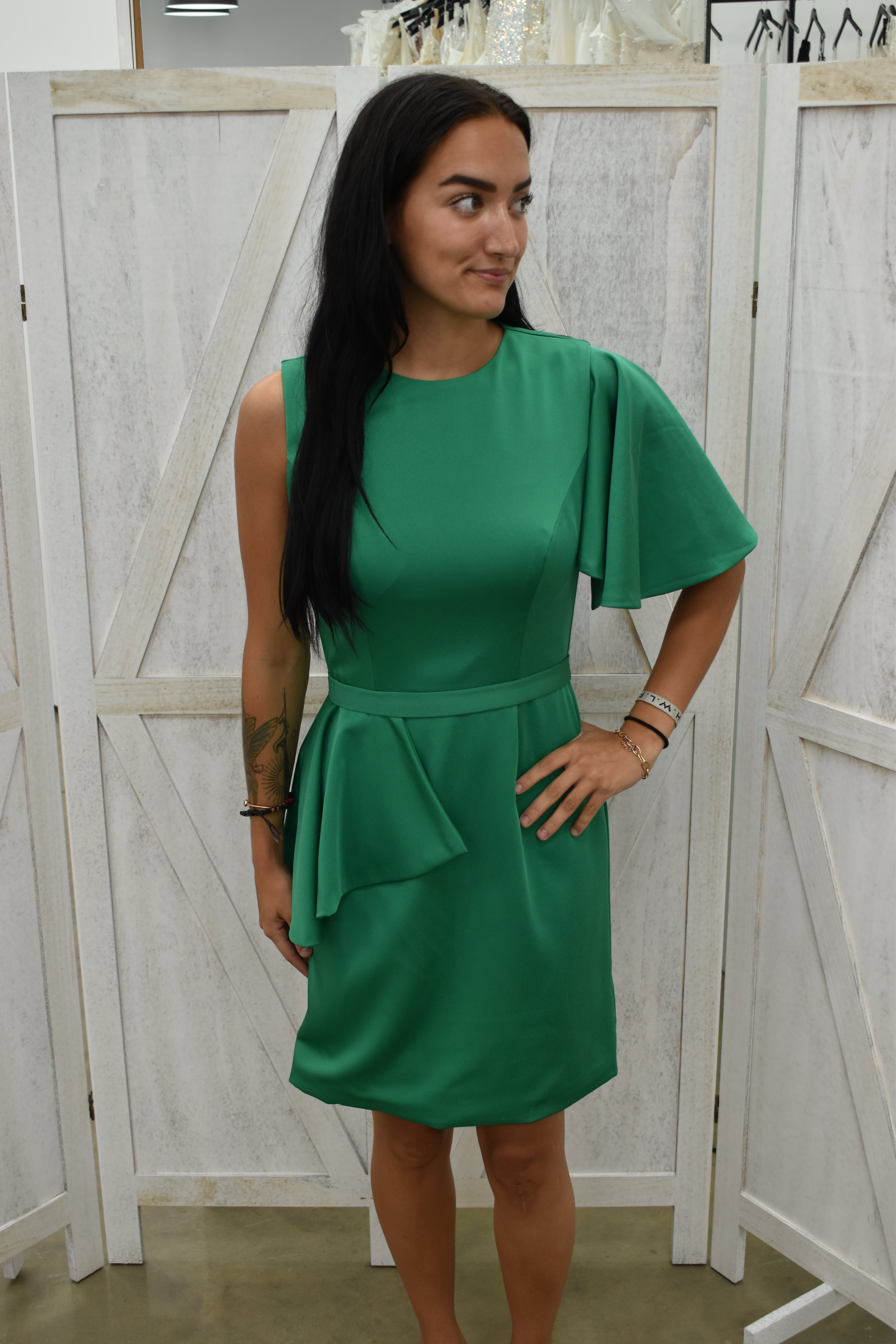 Emerald Green Flutter Sleeve Peplum Dress