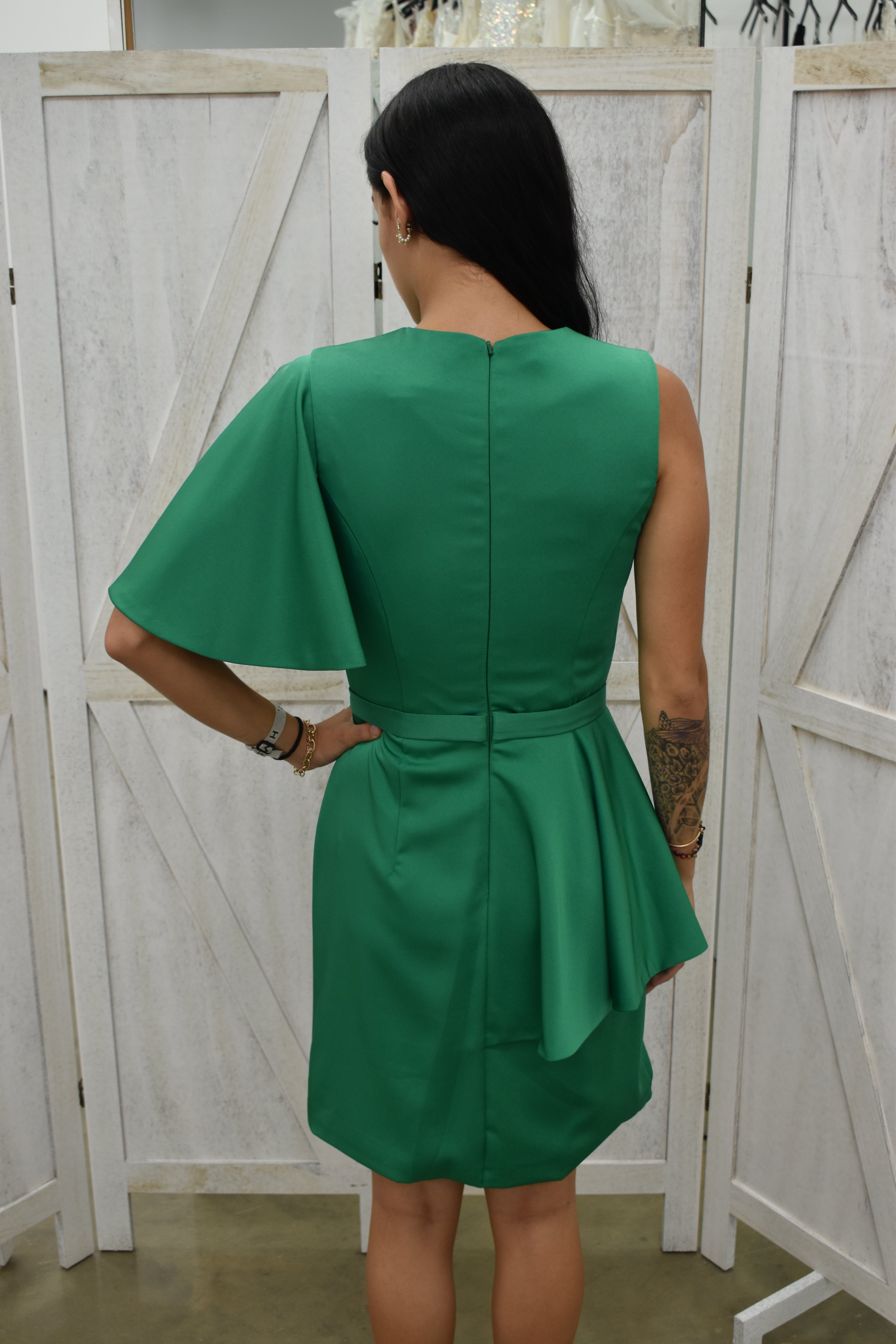 Emerald Green Flutter Sleeve Peplum Dress