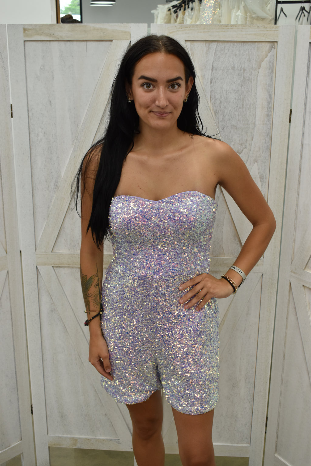 Iridescent Holographic Sequin Strapless Romper