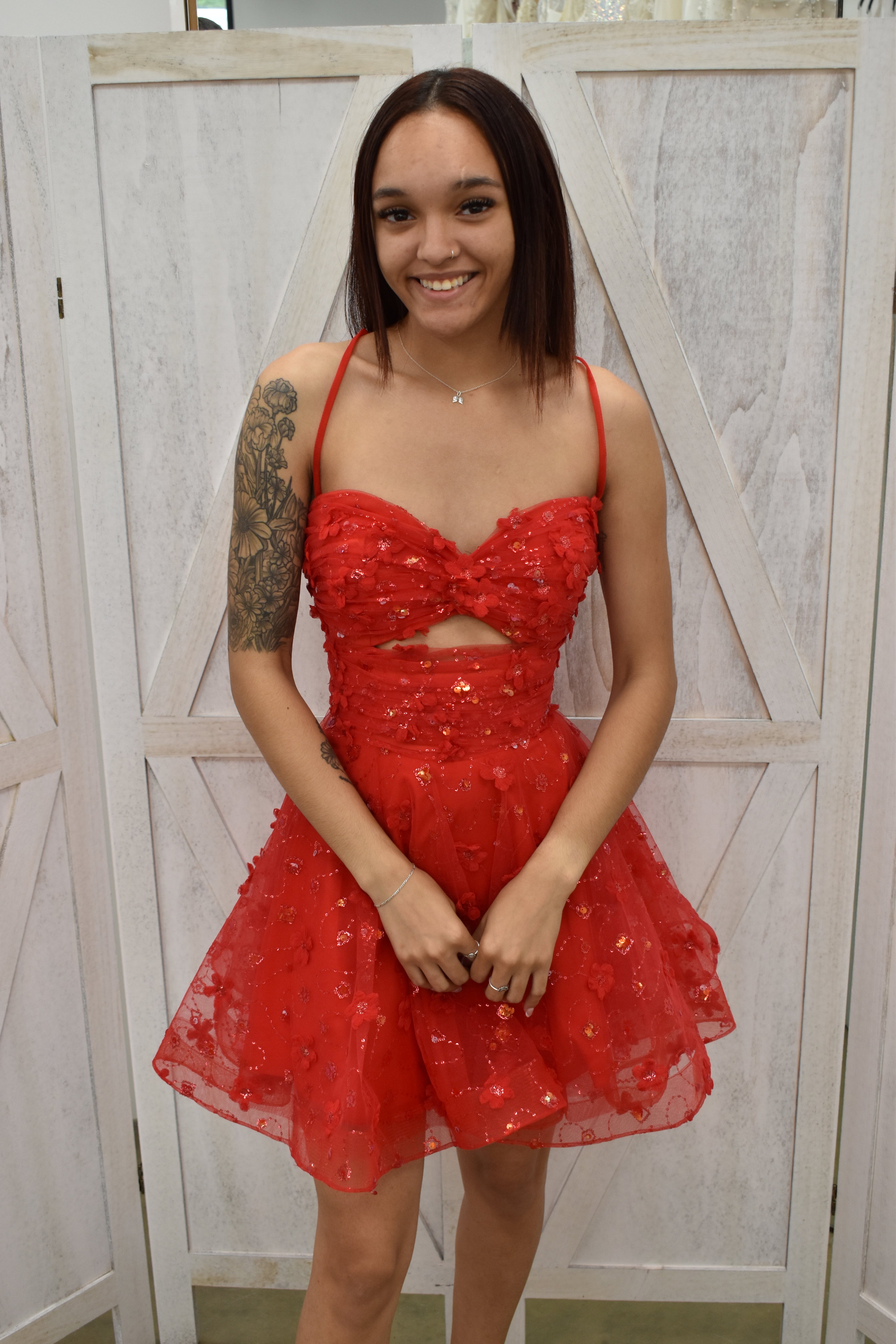 Red Floral Appliqué Cutout Skater Mini Dress