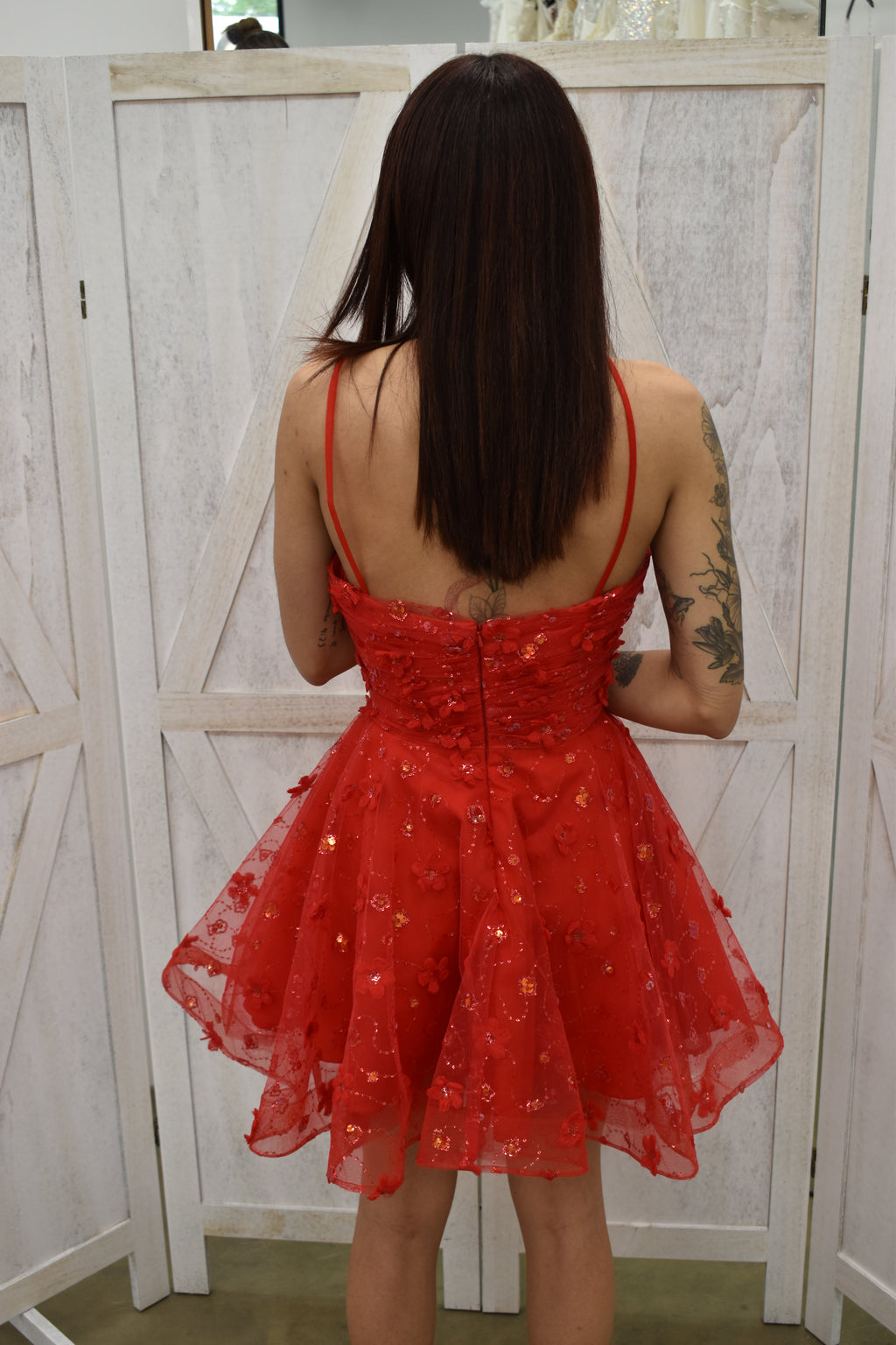 Red Floral Appliqué Cutout Skater Mini Dress