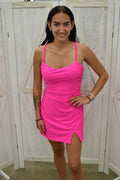 Hot Pink Double Strap Bodycon Mini Dress with Slit