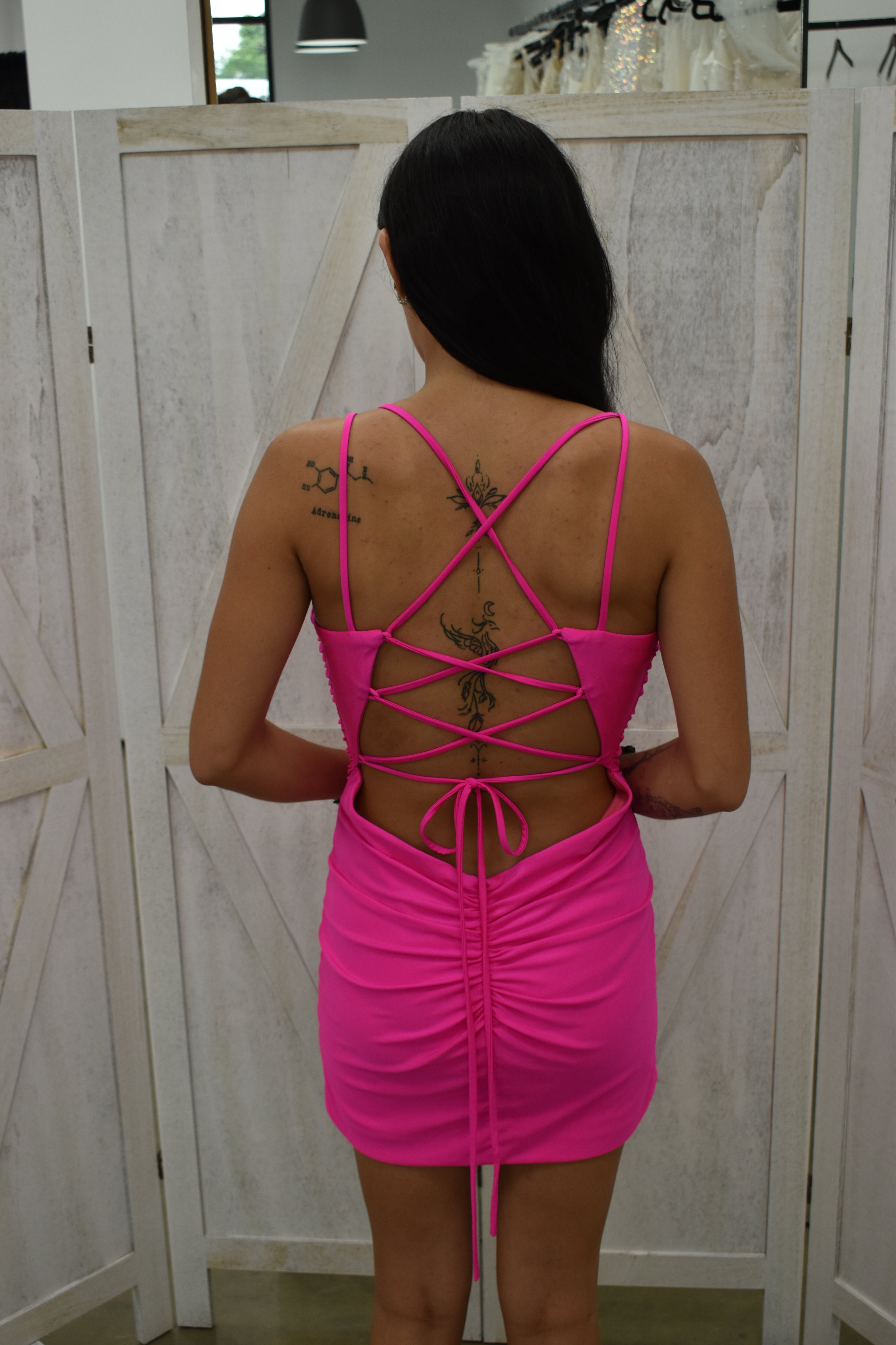 Hot Pink Double Strap Bodycon Mini Dress with Slit