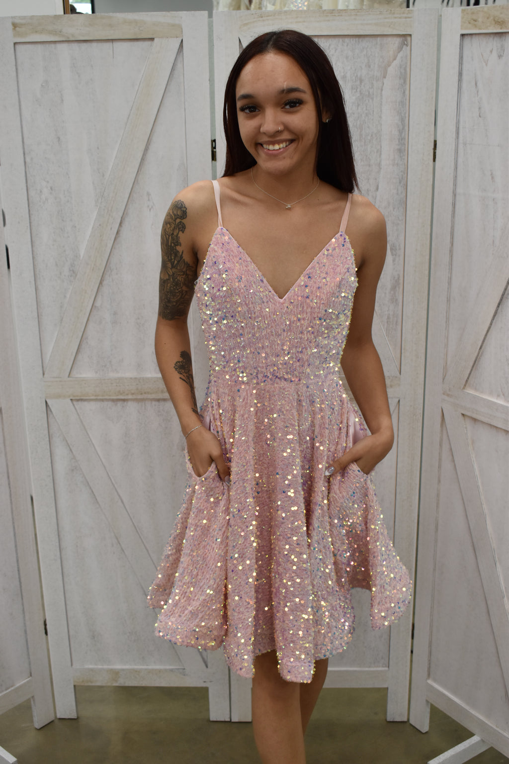 Blush Pink Iridescent Sequin V-Neck Skater Dress with Pockets