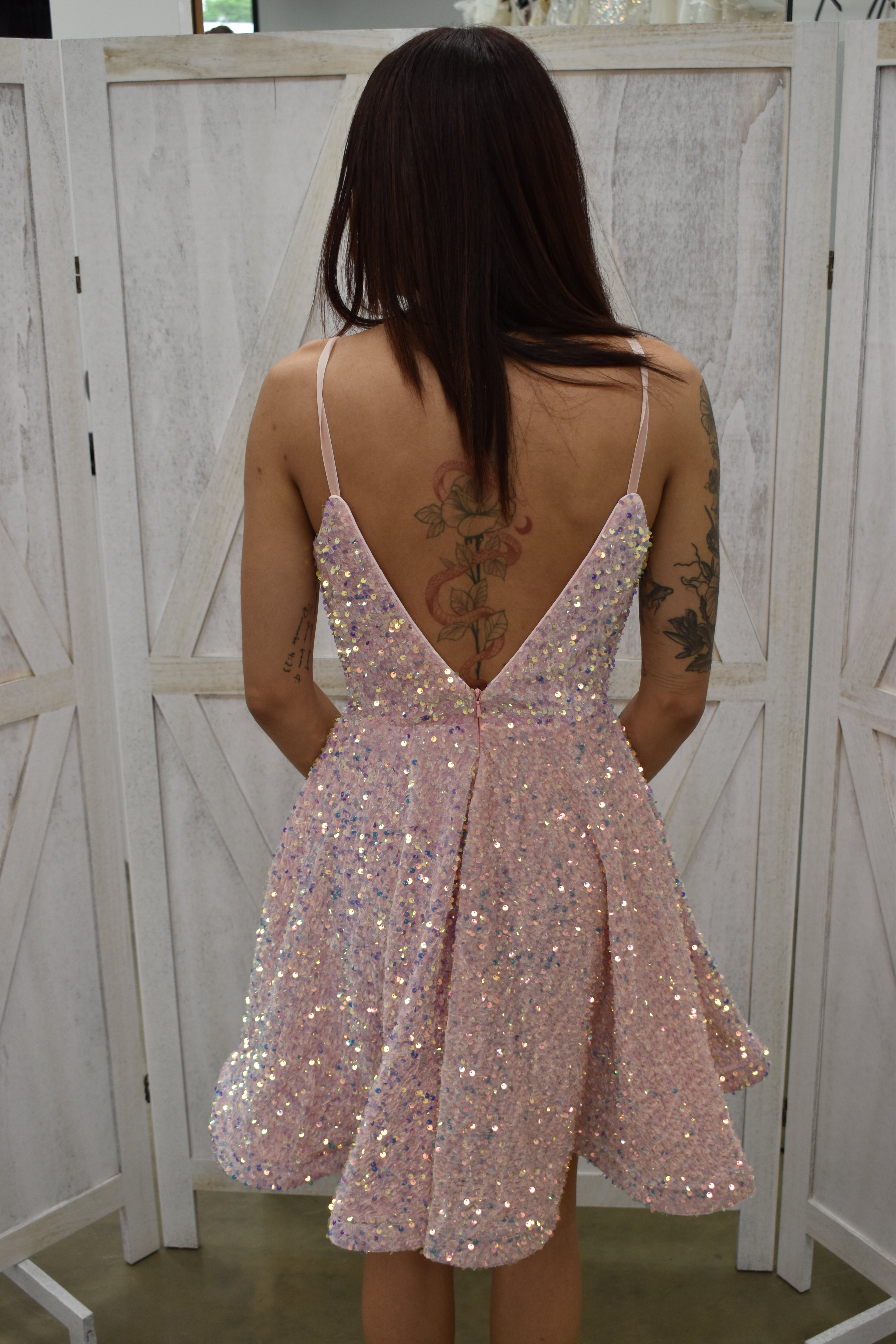 Blush Pink Iridescent Sequin V-Neck Skater Dress with Pockets