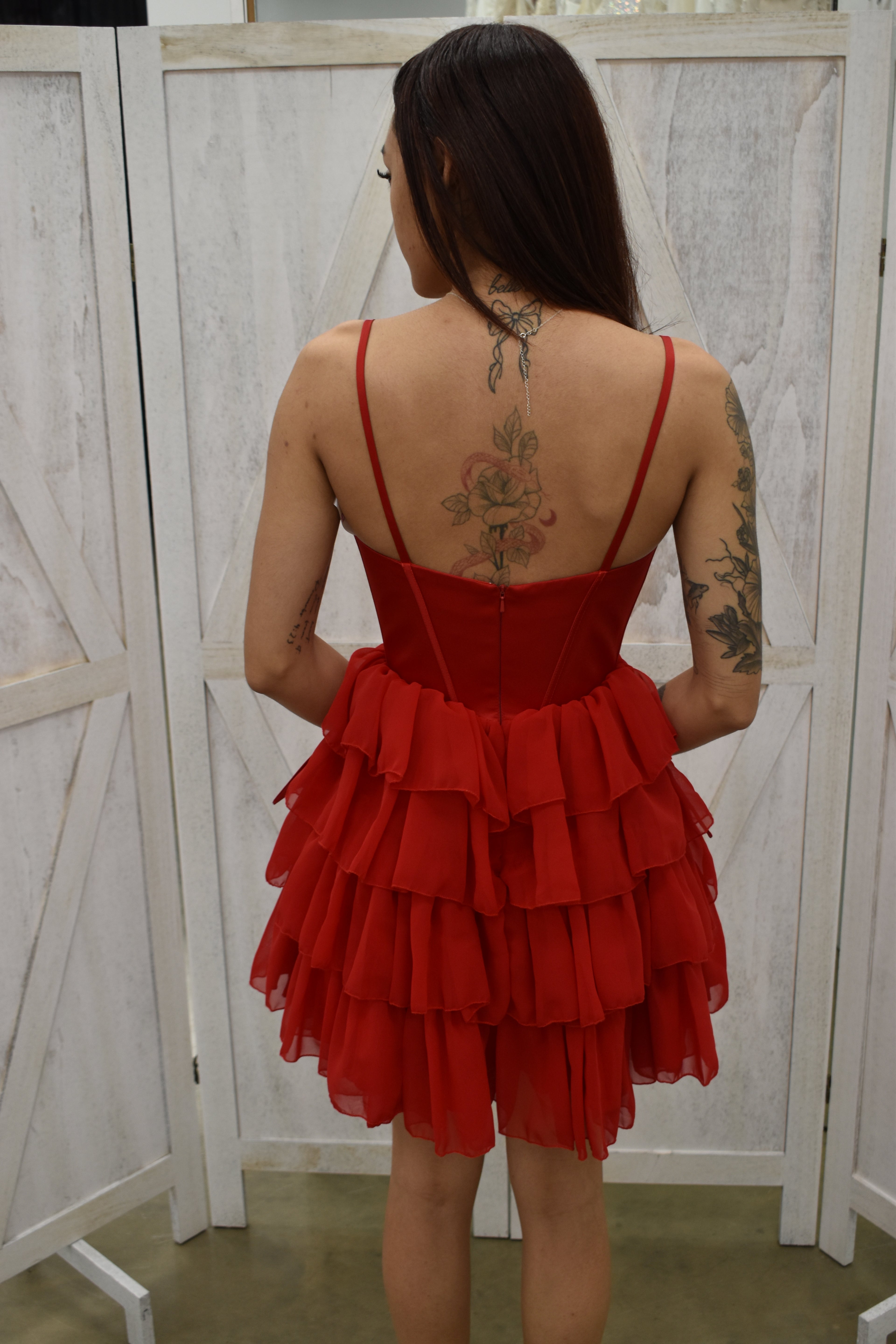 Red Plunge Neck Tiered Ruffle Mini Dress