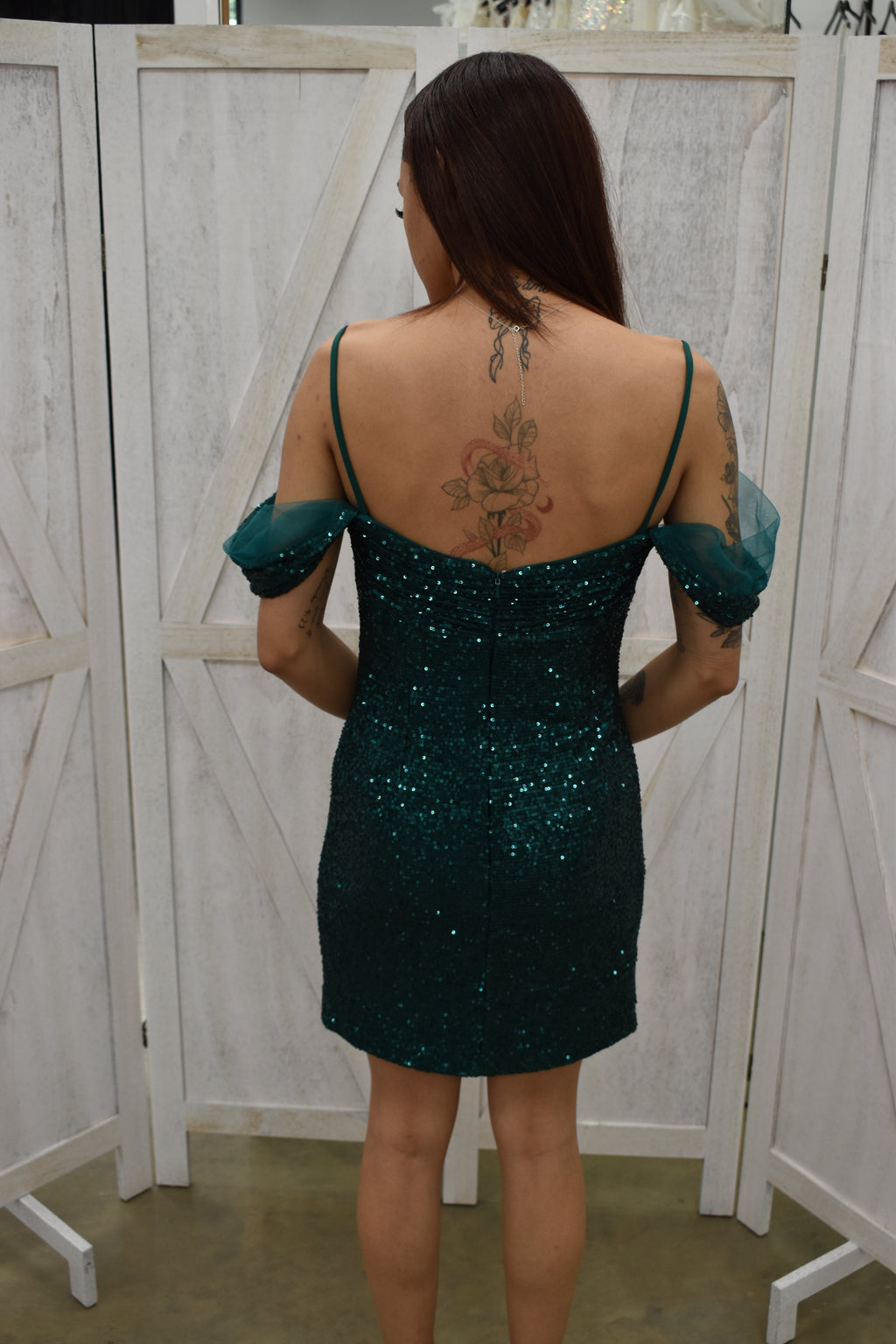 Teal Sequin Off-Shoulder Organza Sleeve Mini Dress