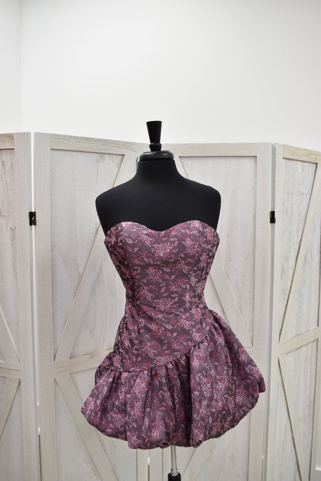 Mauve Floral Brocade Sweetheart Bubble Hem Mini Dress