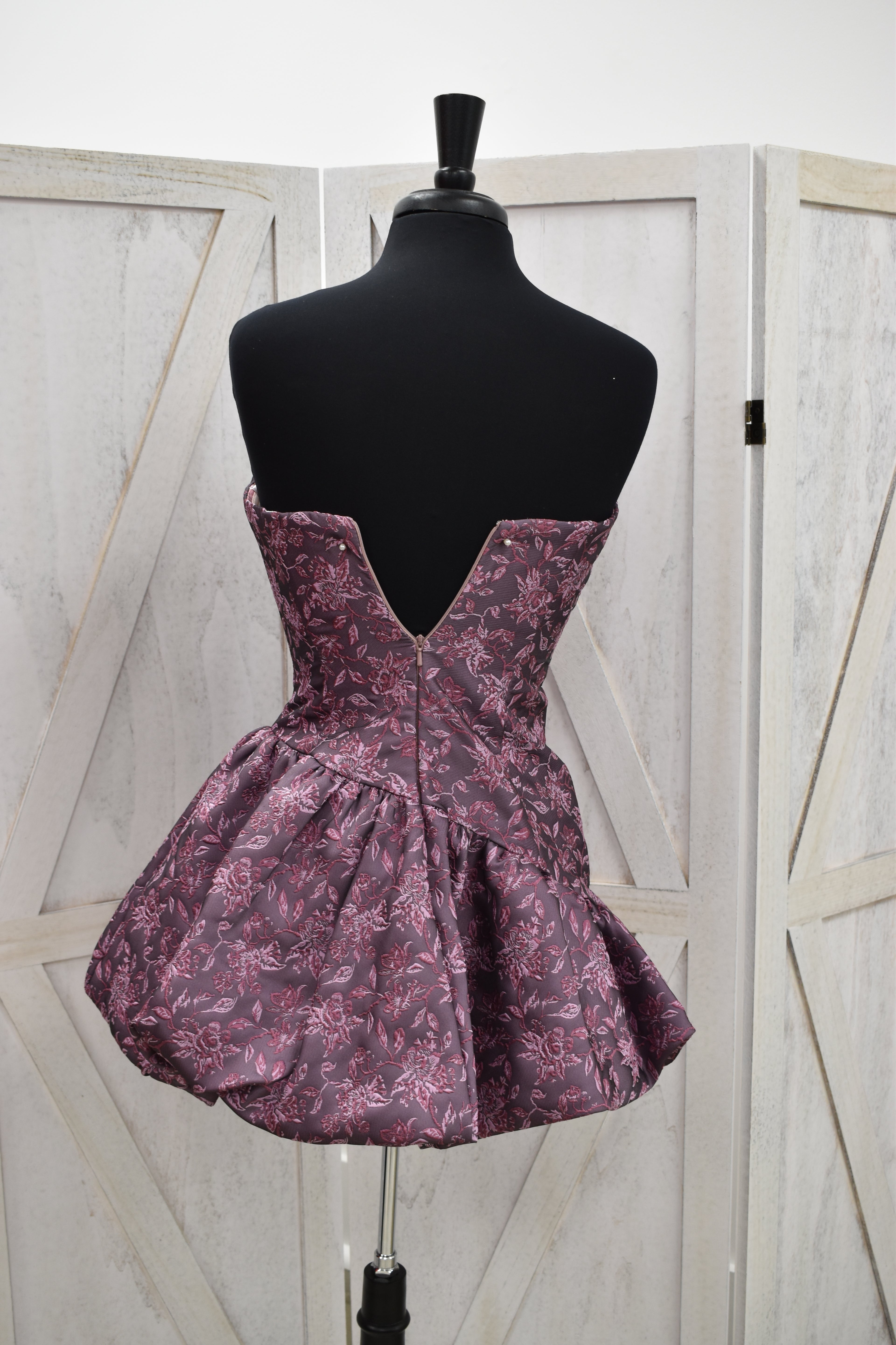 Mauve Floral Brocade Sweetheart Bubble Hem Mini Dress