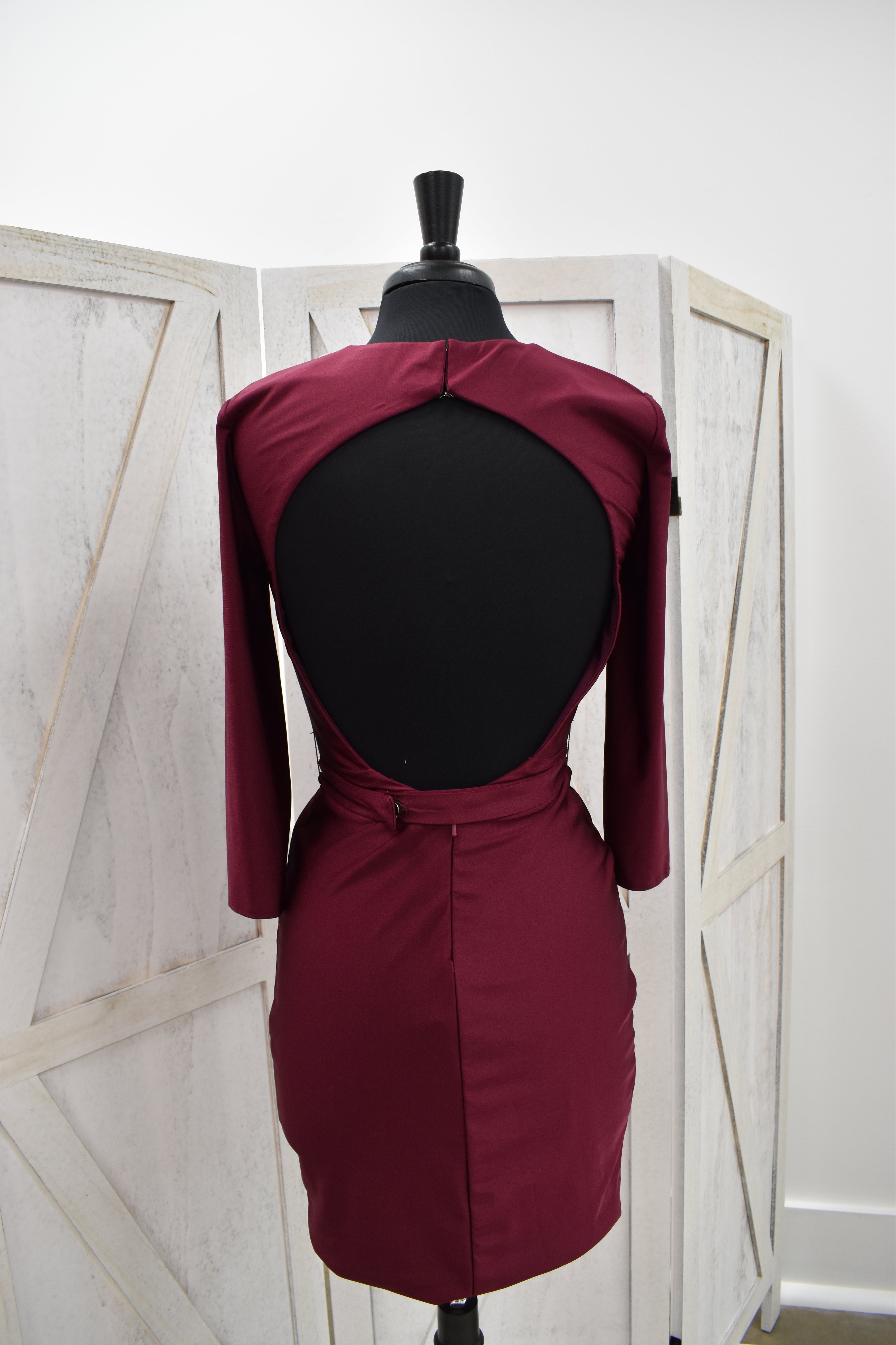 Burgundy Deep Plunge Long Sleeve Bodycon Mini Dress