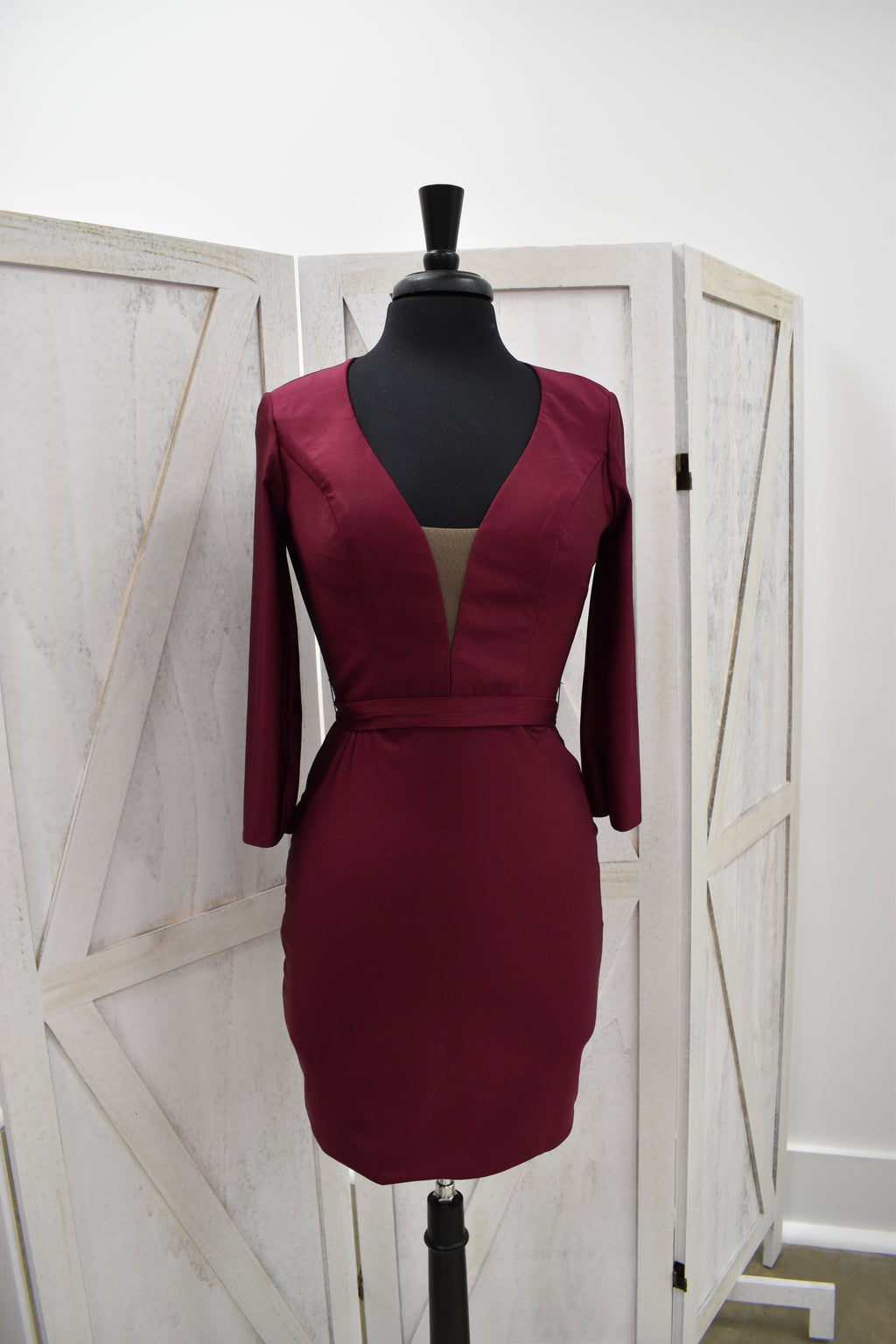 Burgundy Deep Plunge Long Sleeve Bodycon Mini Dress