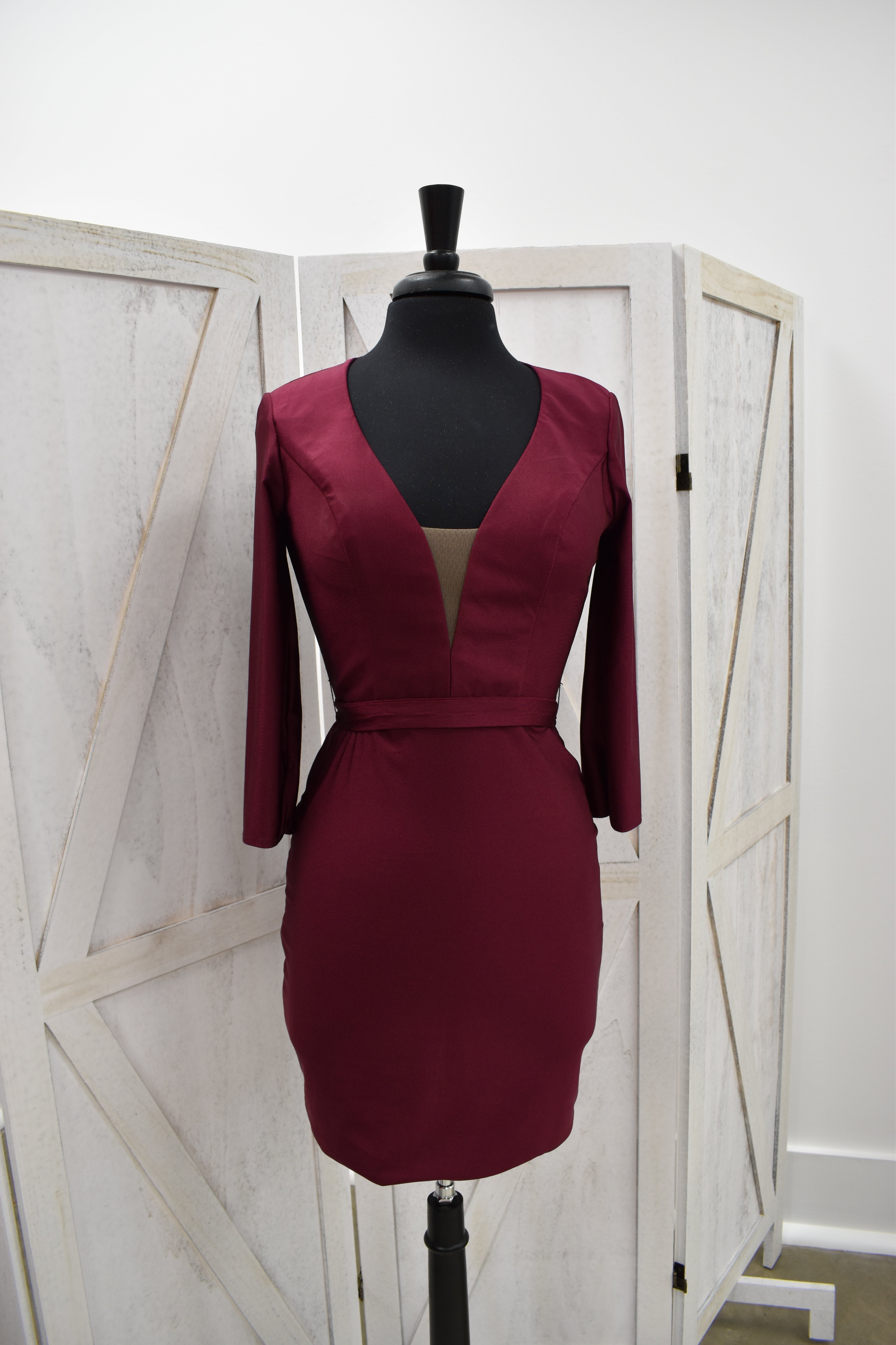 Burgundy Deep Plunge Long Sleeve Bodycon Mini Dress