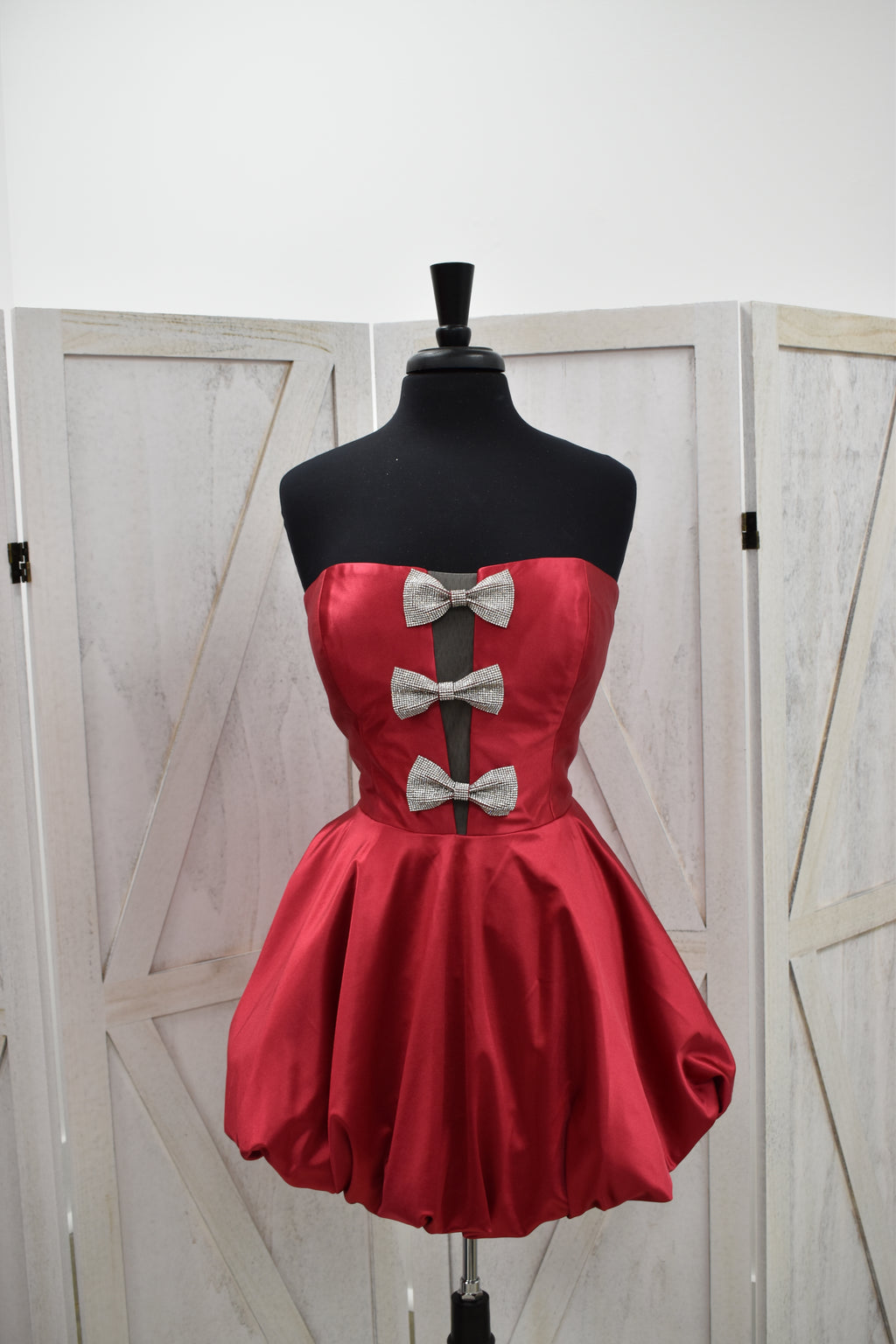 Crimson Satin Triple Crystal Bow Bubble Hem Mini Dress