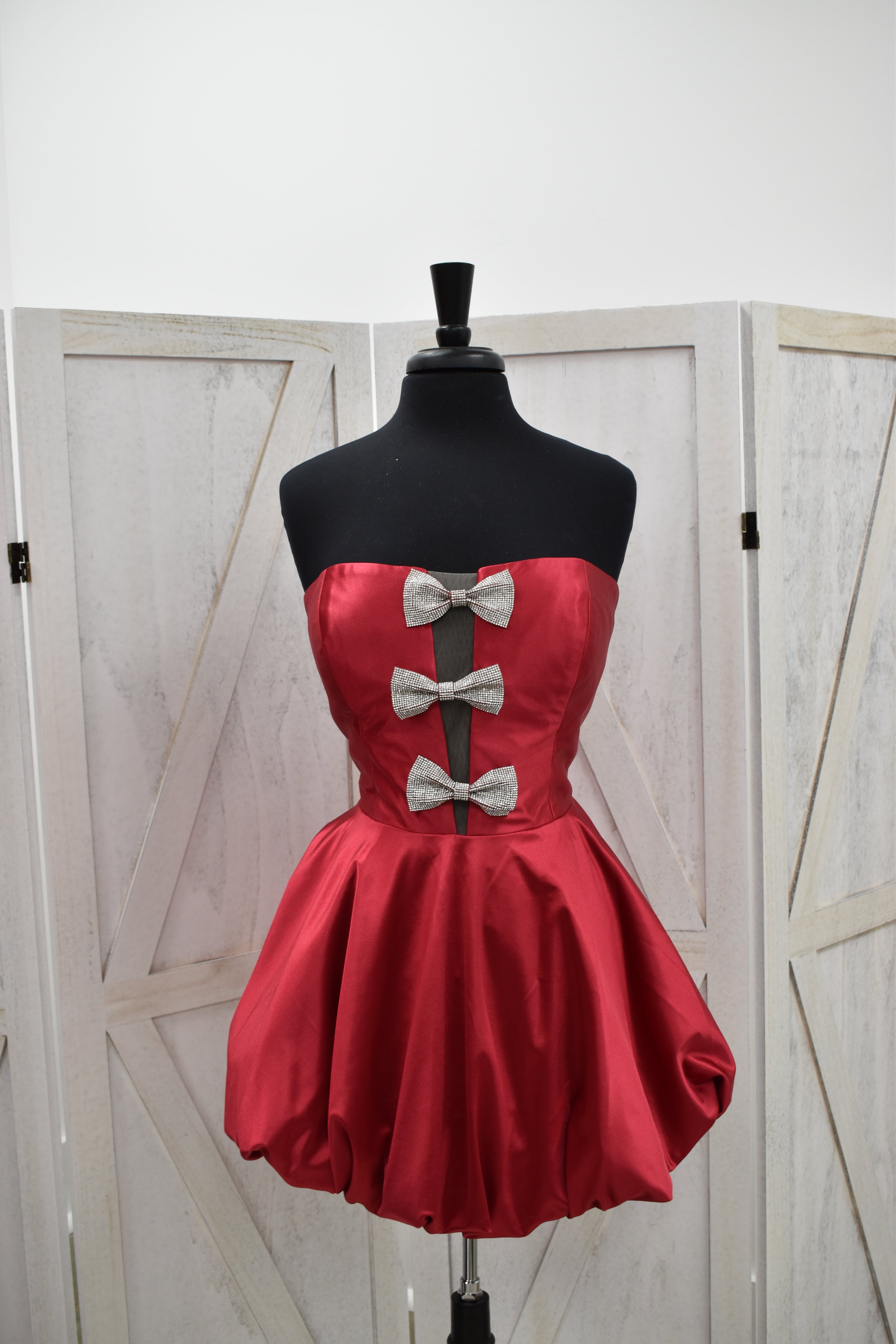 Crimson Satin Triple Crystal Bow Bubble Hem Mini Dress