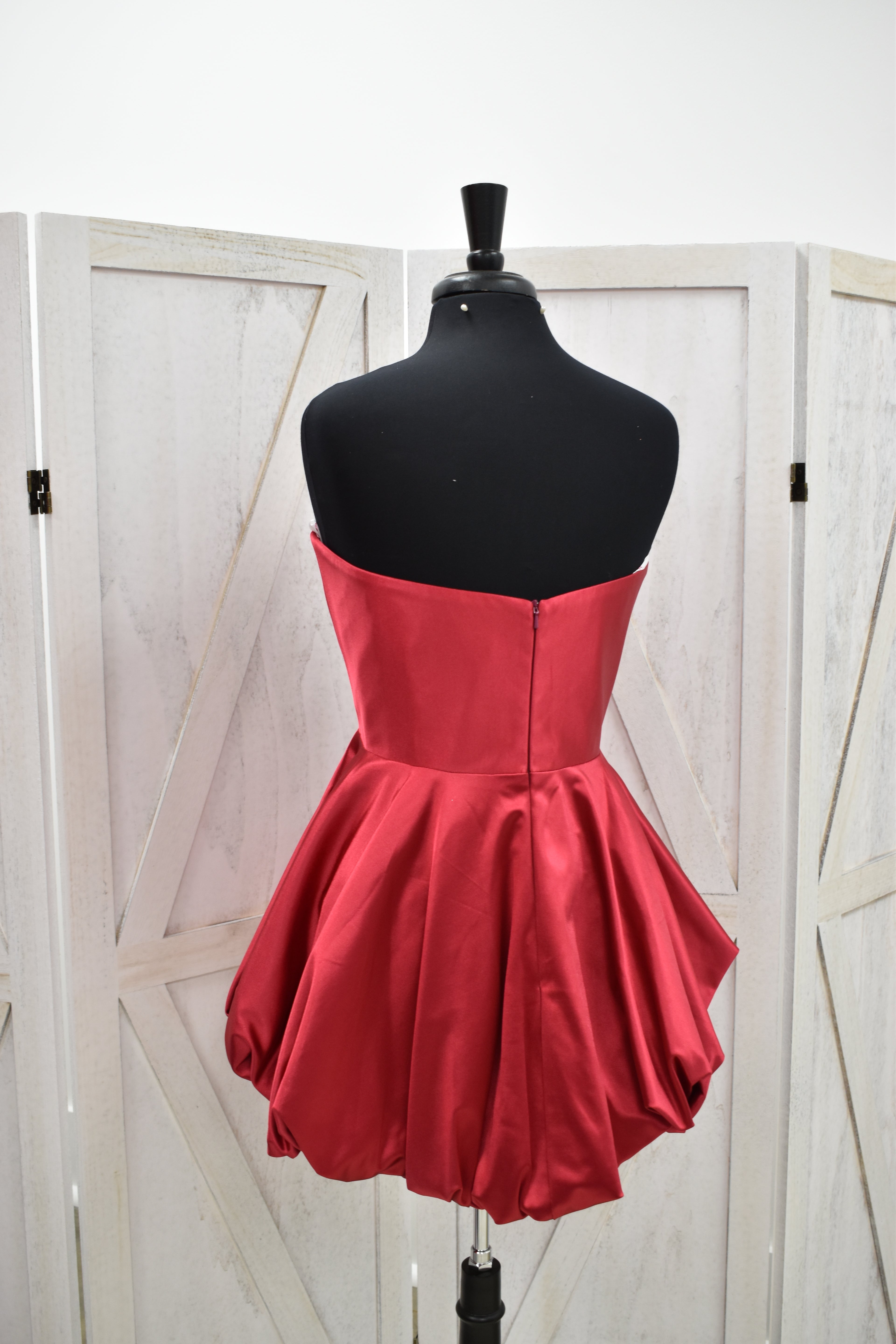 Crimson Satin Triple Crystal Bow Bubble Hem Mini Dress