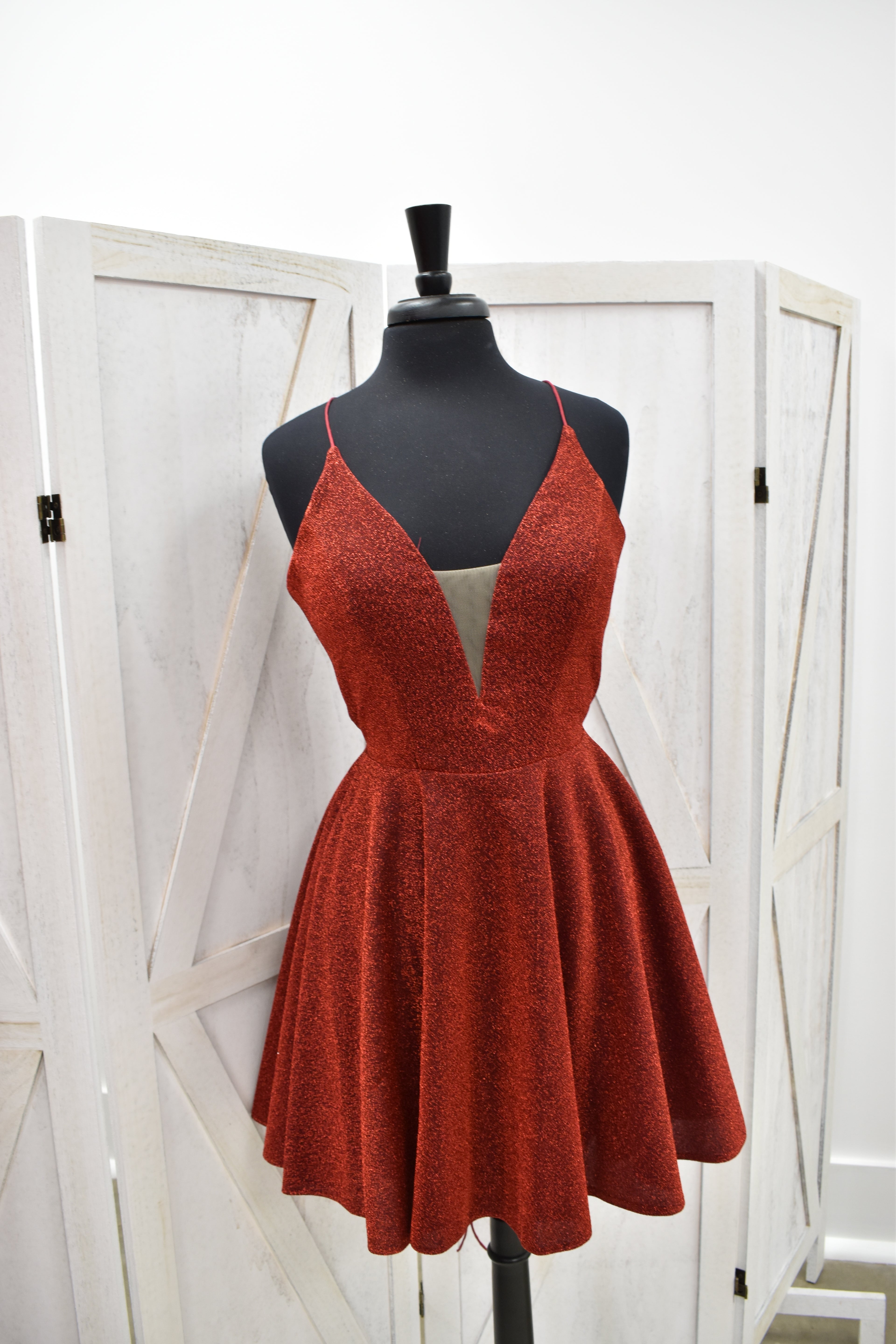 Rust Glitter Deep V-Neck Skater Mini Dress