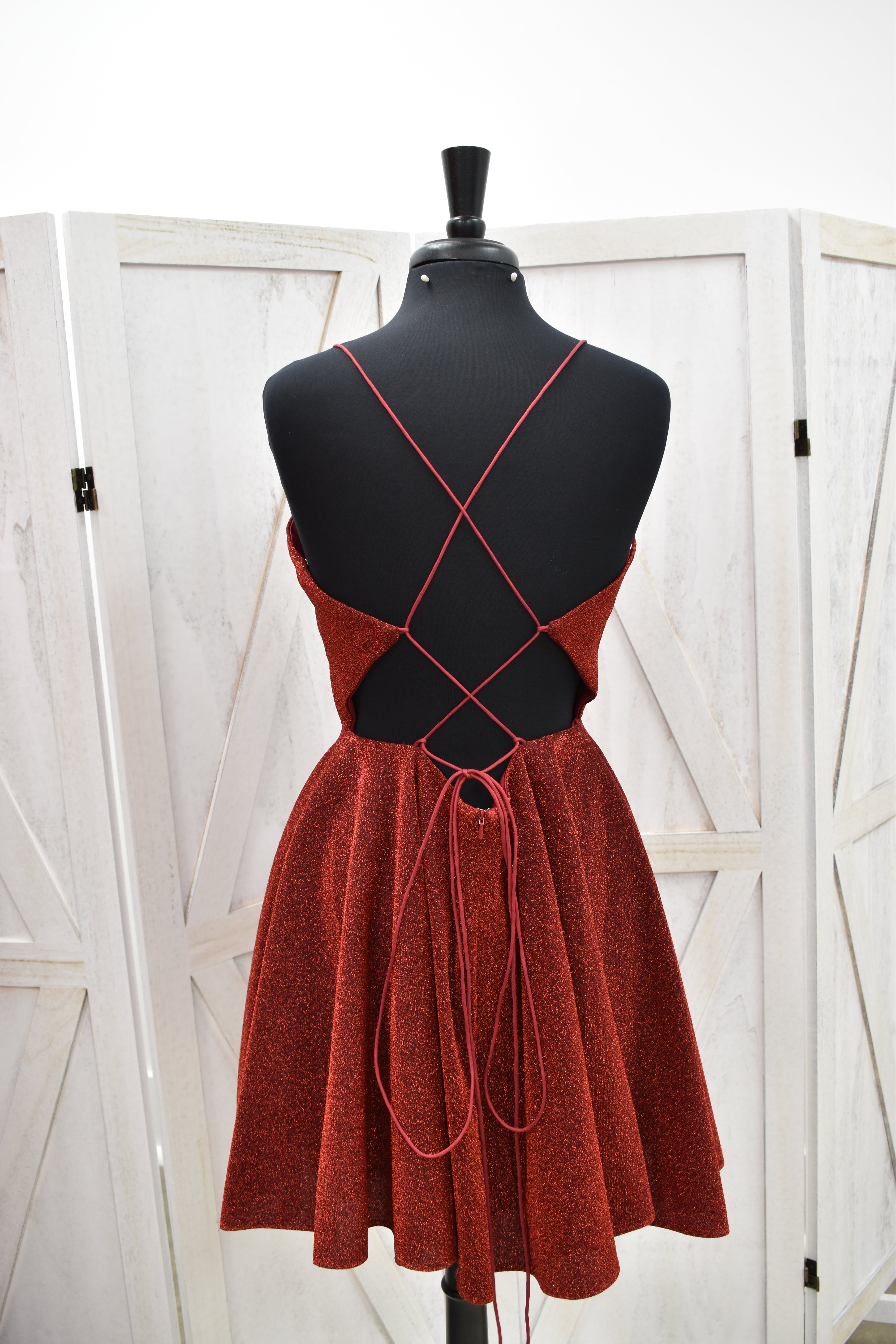Rust Glitter Deep V-Neck Skater Mini Dress
