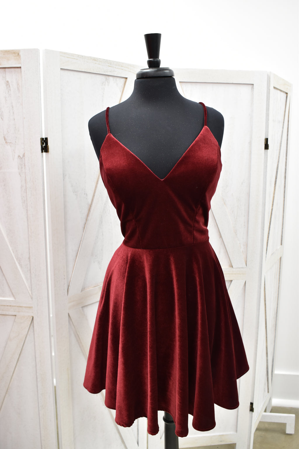 Wine Velvet V-Neck Skater Mini Dress