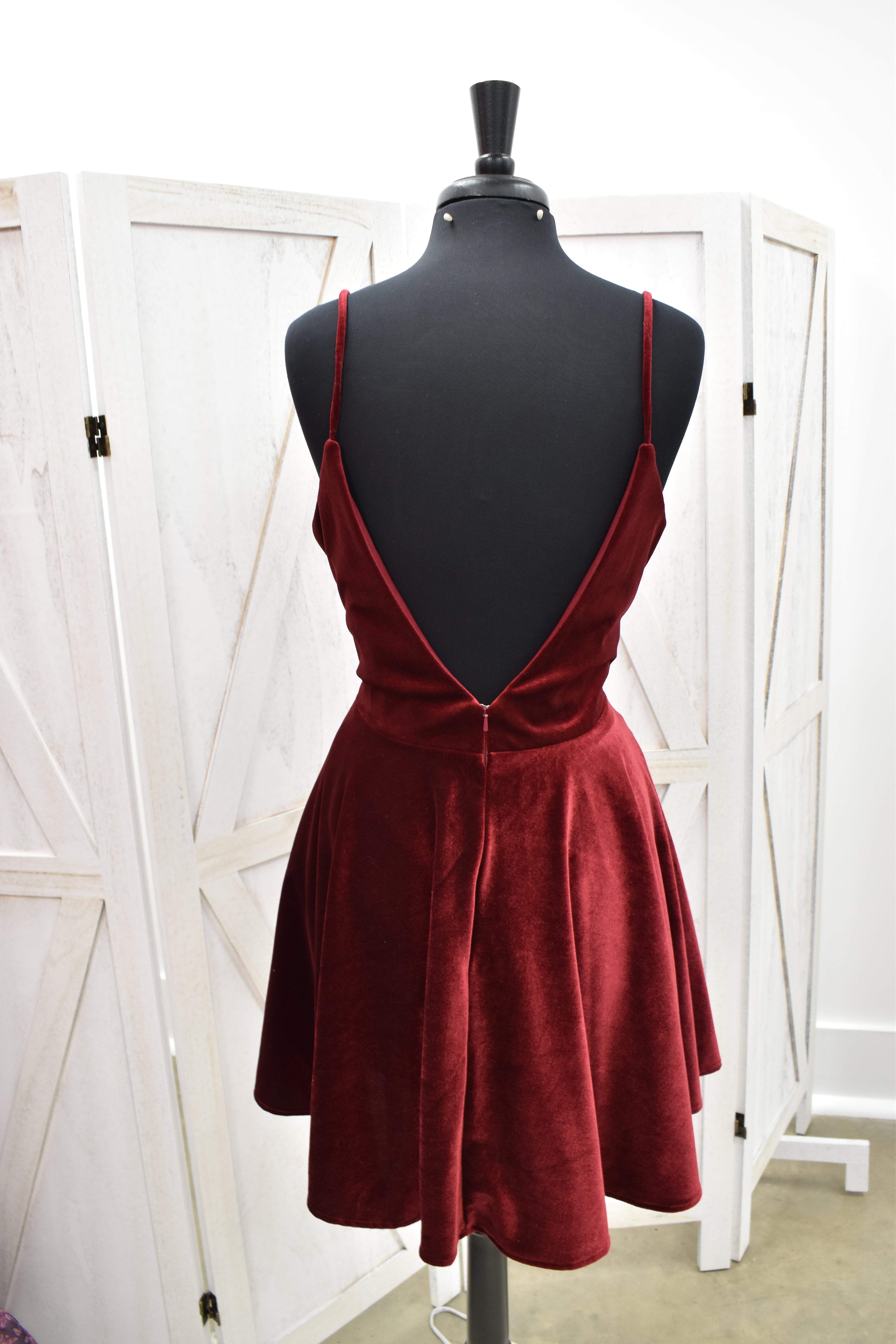 Wine Velvet V-Neck Skater Mini Dress