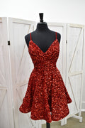 Red Sequin V-Neck Skater Mini Dress