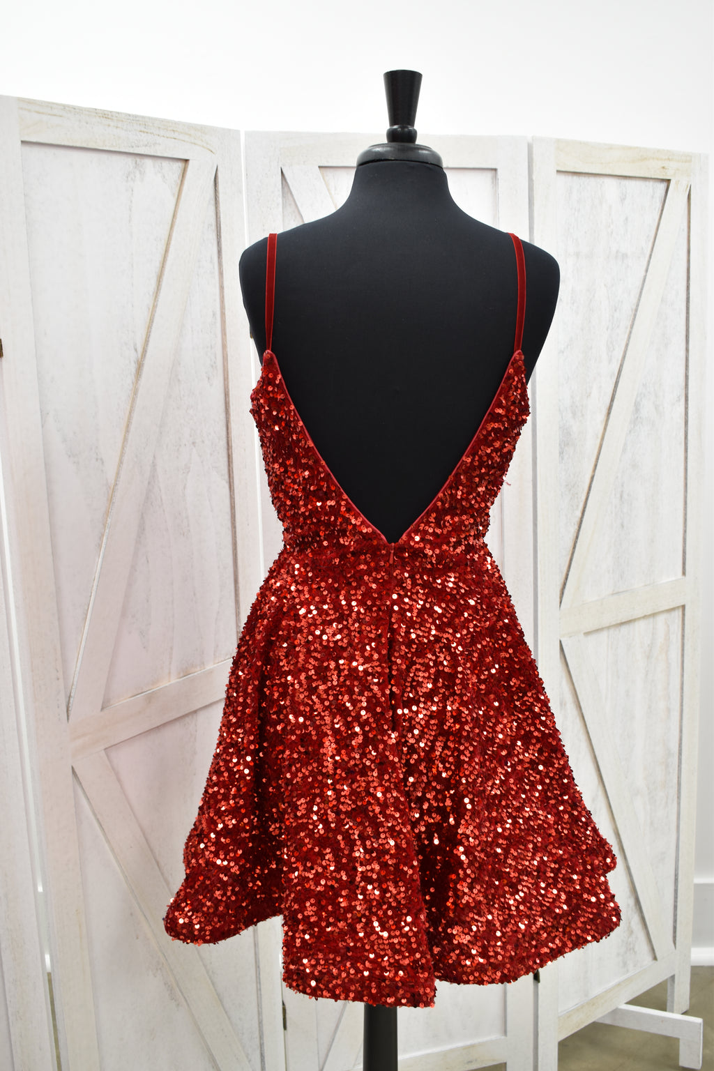 Red Sequin V-Neck Skater Mini Dress