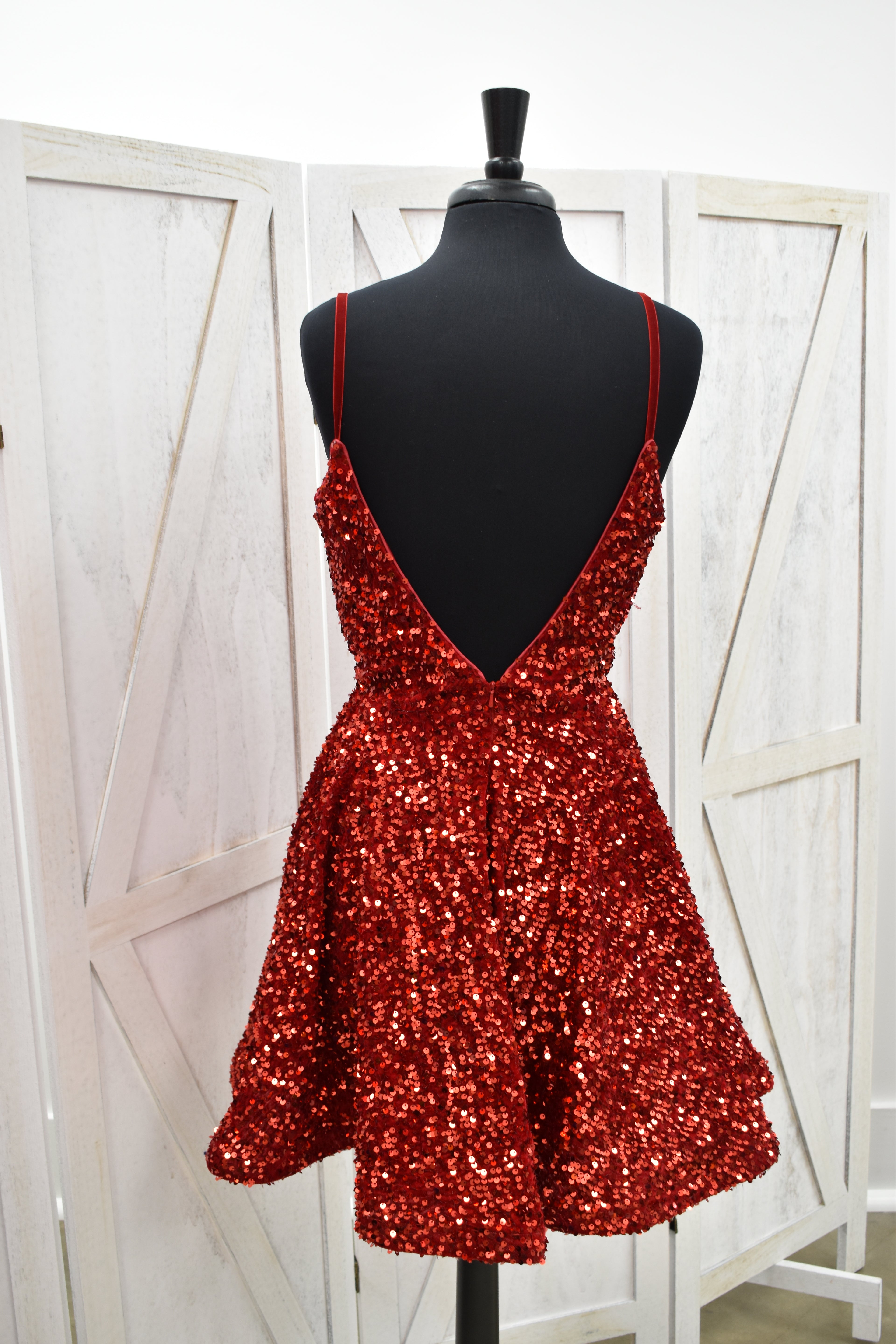 Red Sequin V-Neck Skater Mini Dress