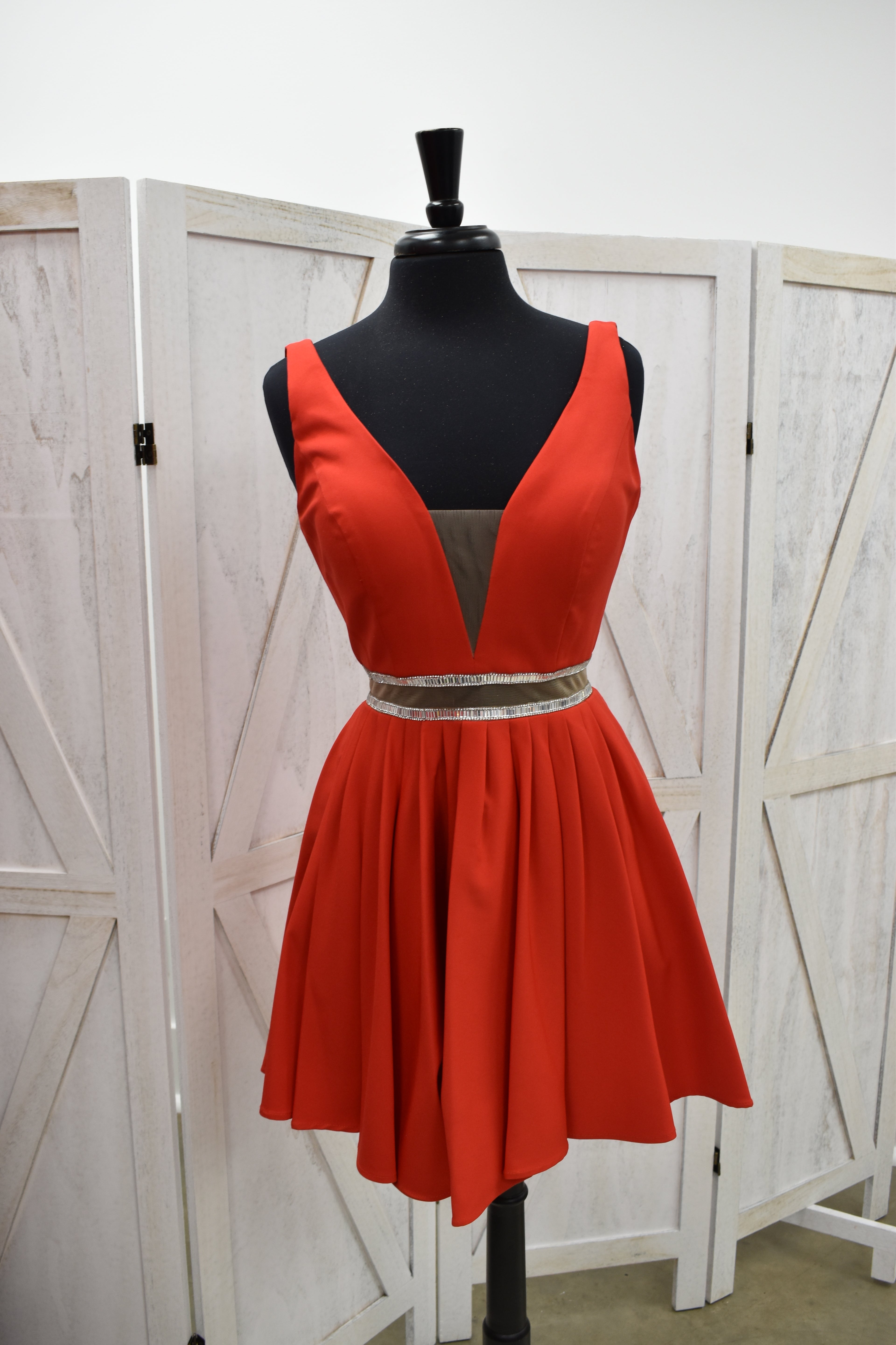 Red Satin Deep V-Neck Crystal Waist Skater Mini Dress