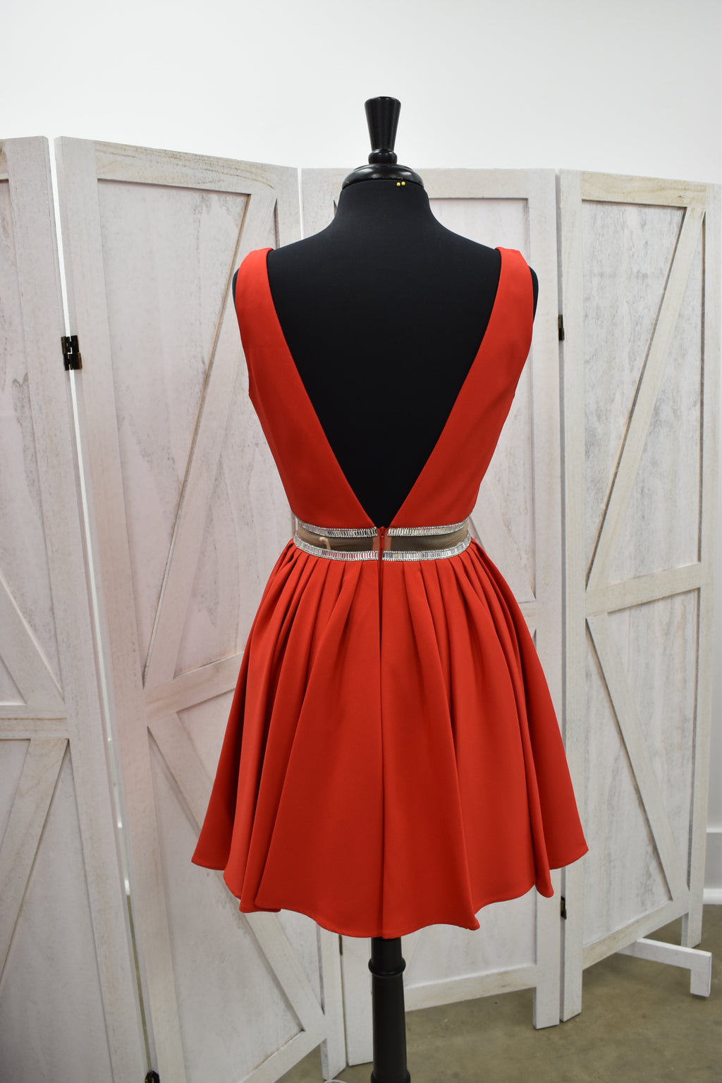 Red Satin Deep V-Neck Crystal Waist Skater Mini Dress
