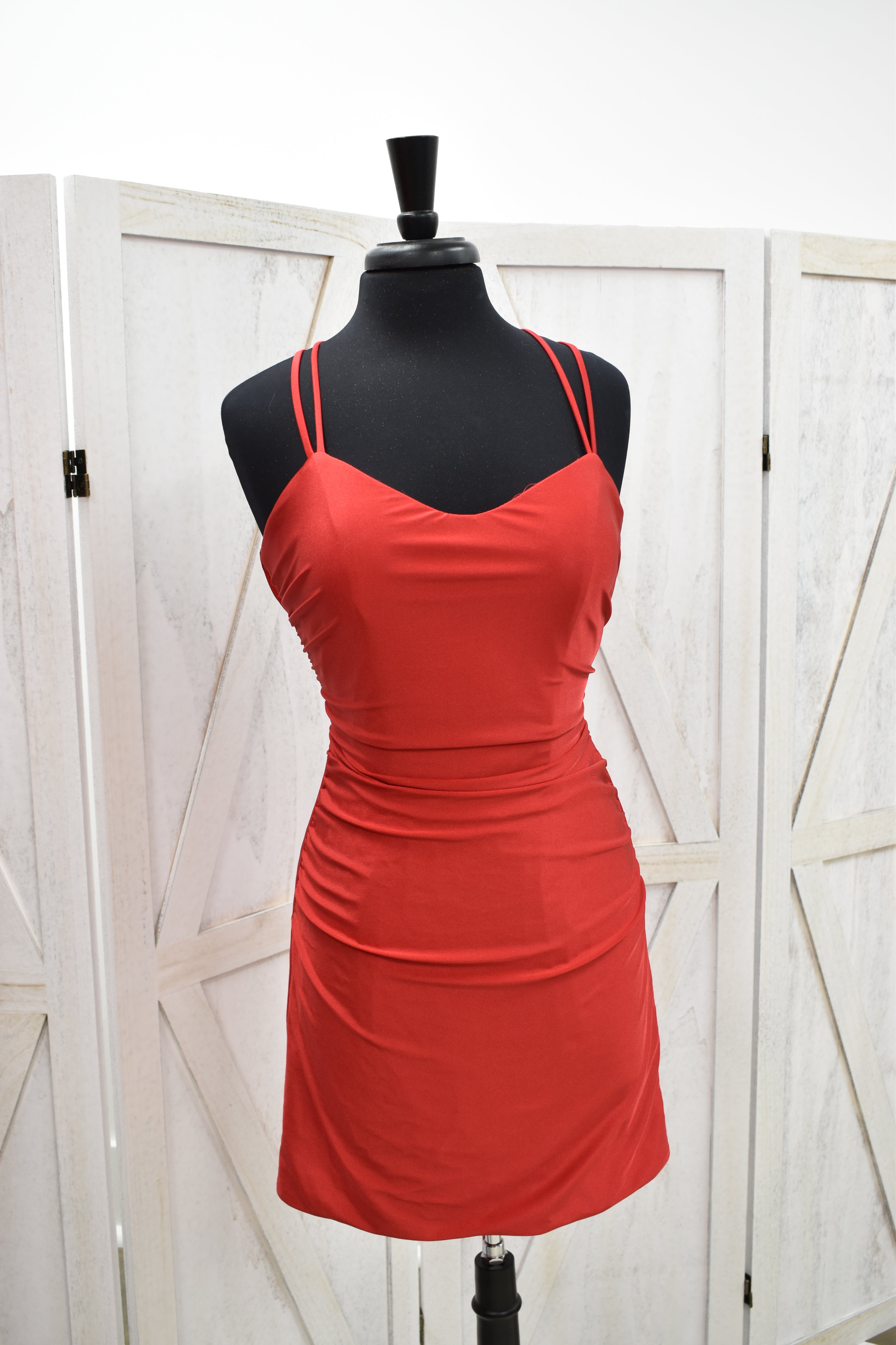 Red Double Strap Ruched Bodycon Mini Dress