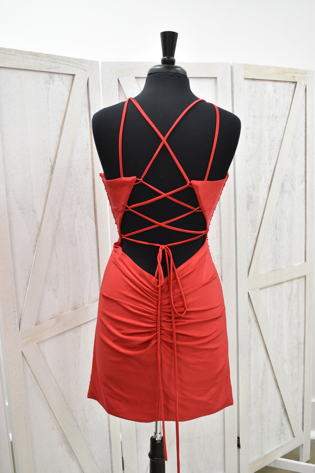 Red Double Strap Ruched Bodycon Mini Dress