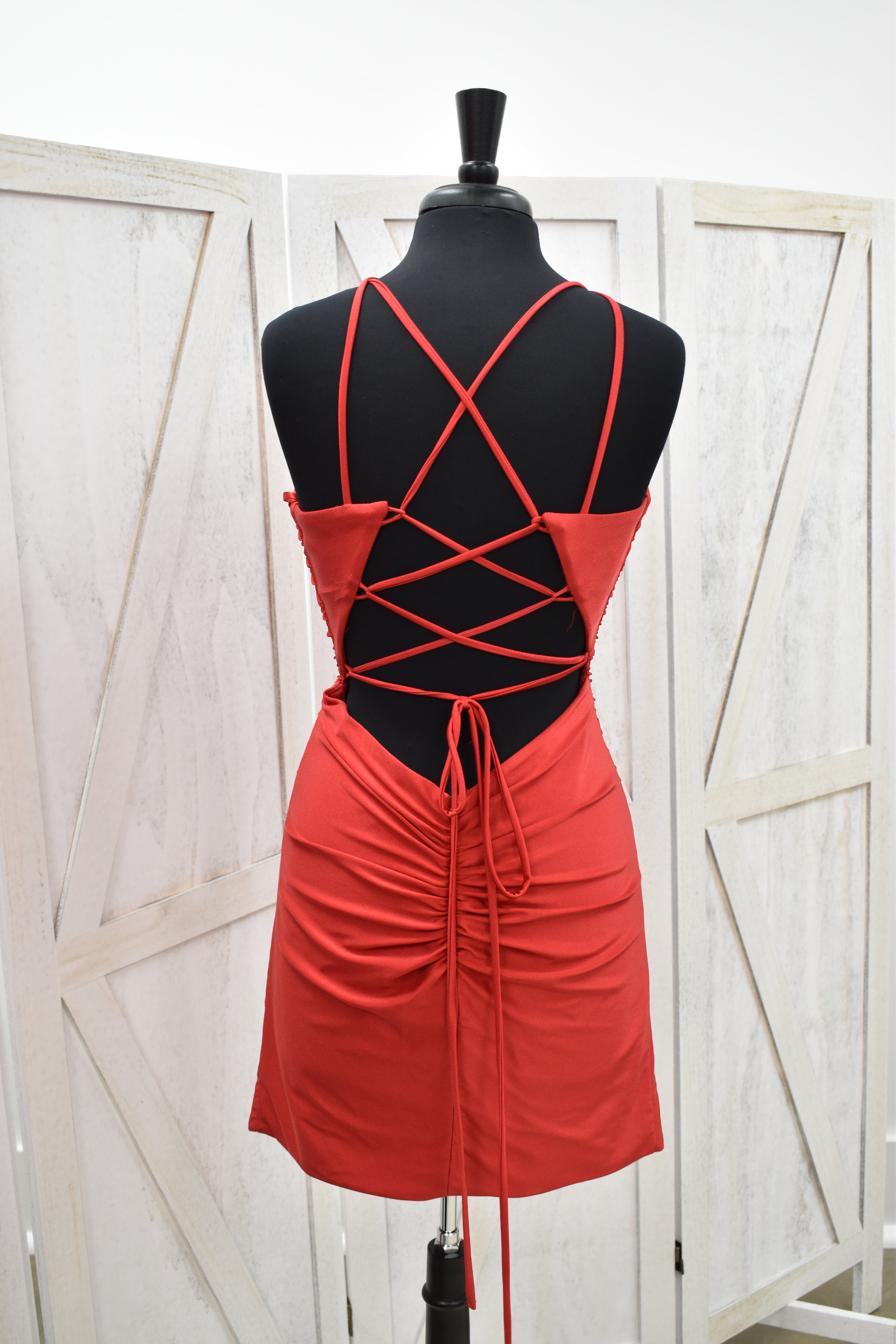 Red Double Strap Ruched Bodycon Mini Dress