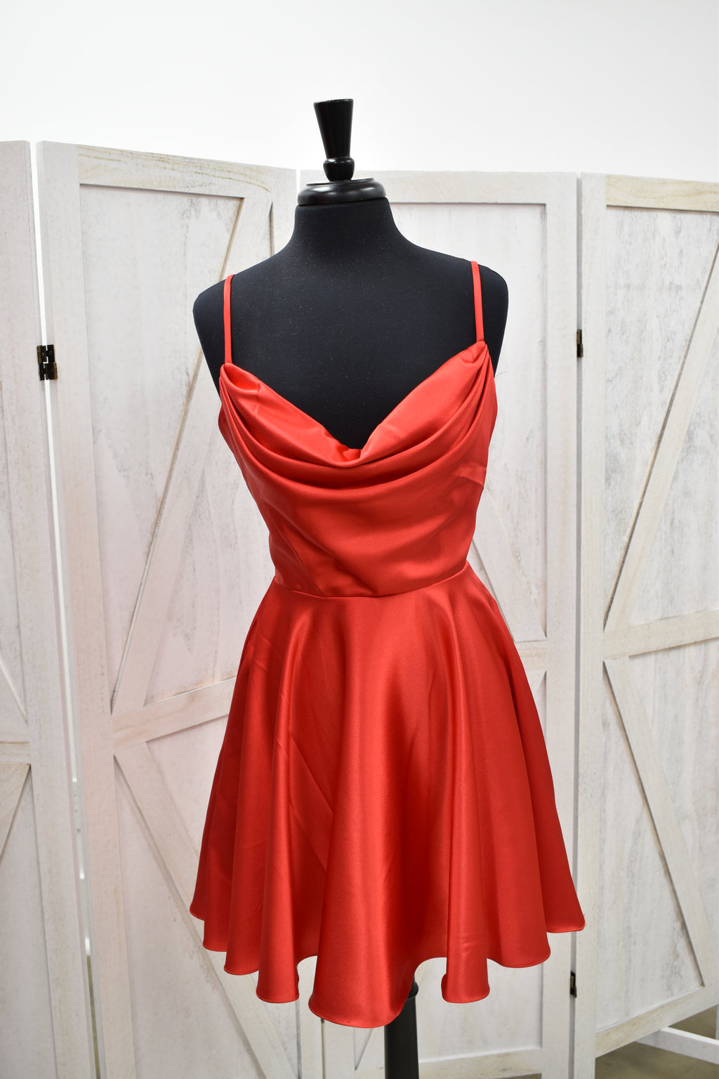 Red Satin Cowl Neck Skater Mini Dress