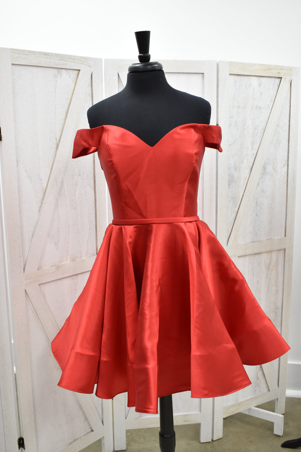 Red Satin Off-Shoulder Sweetheart Skater Mini Dress