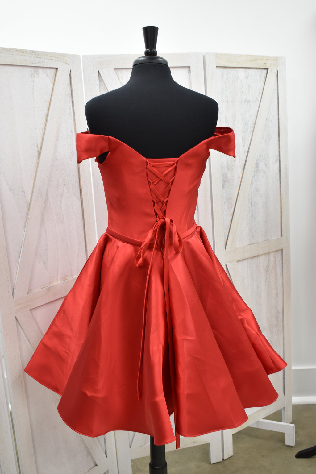 Red Satin Off-Shoulder Sweetheart Skater Mini Dress