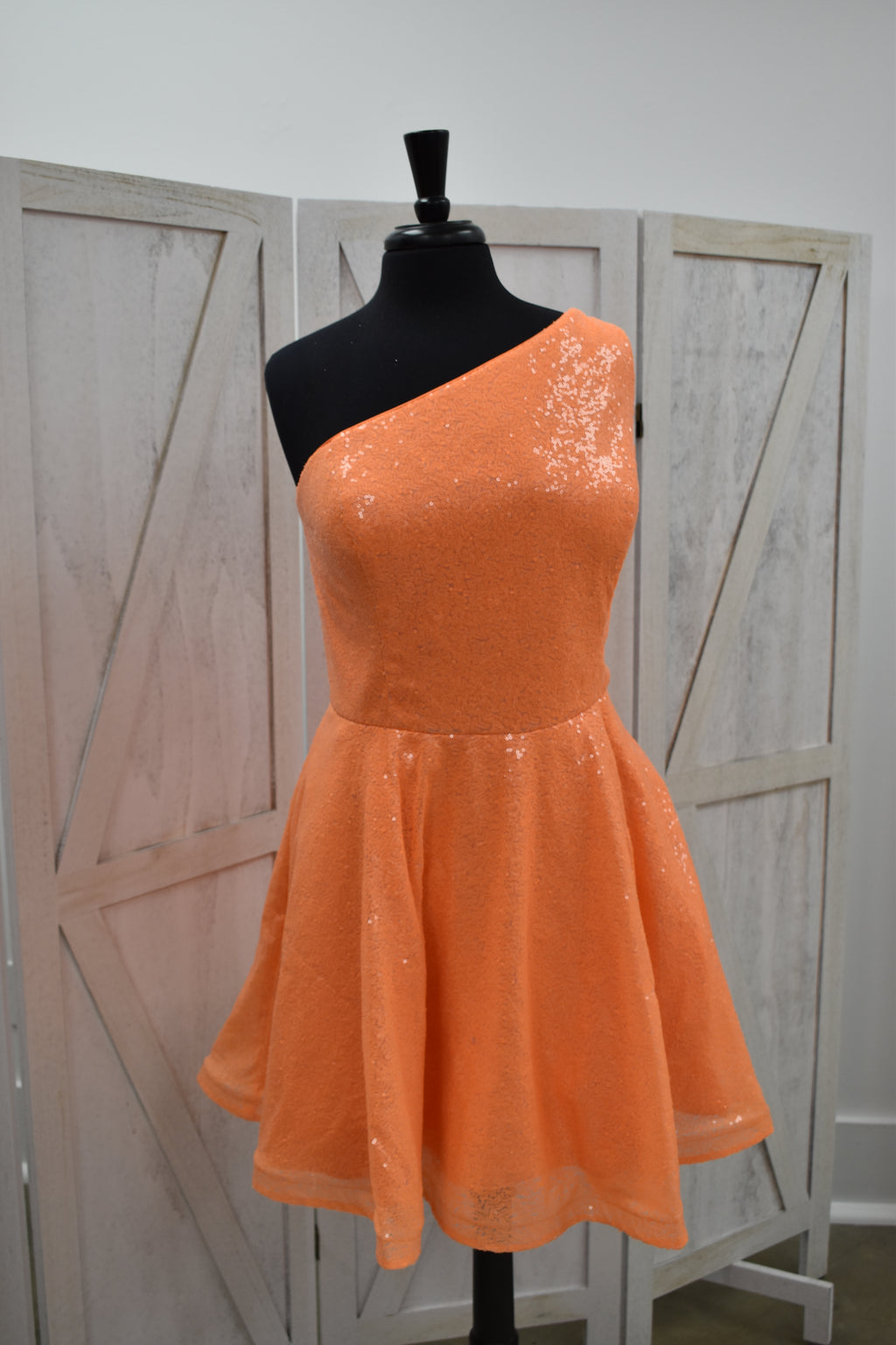 Tangerine Sequin One-Shoulder Skater Mini Dress