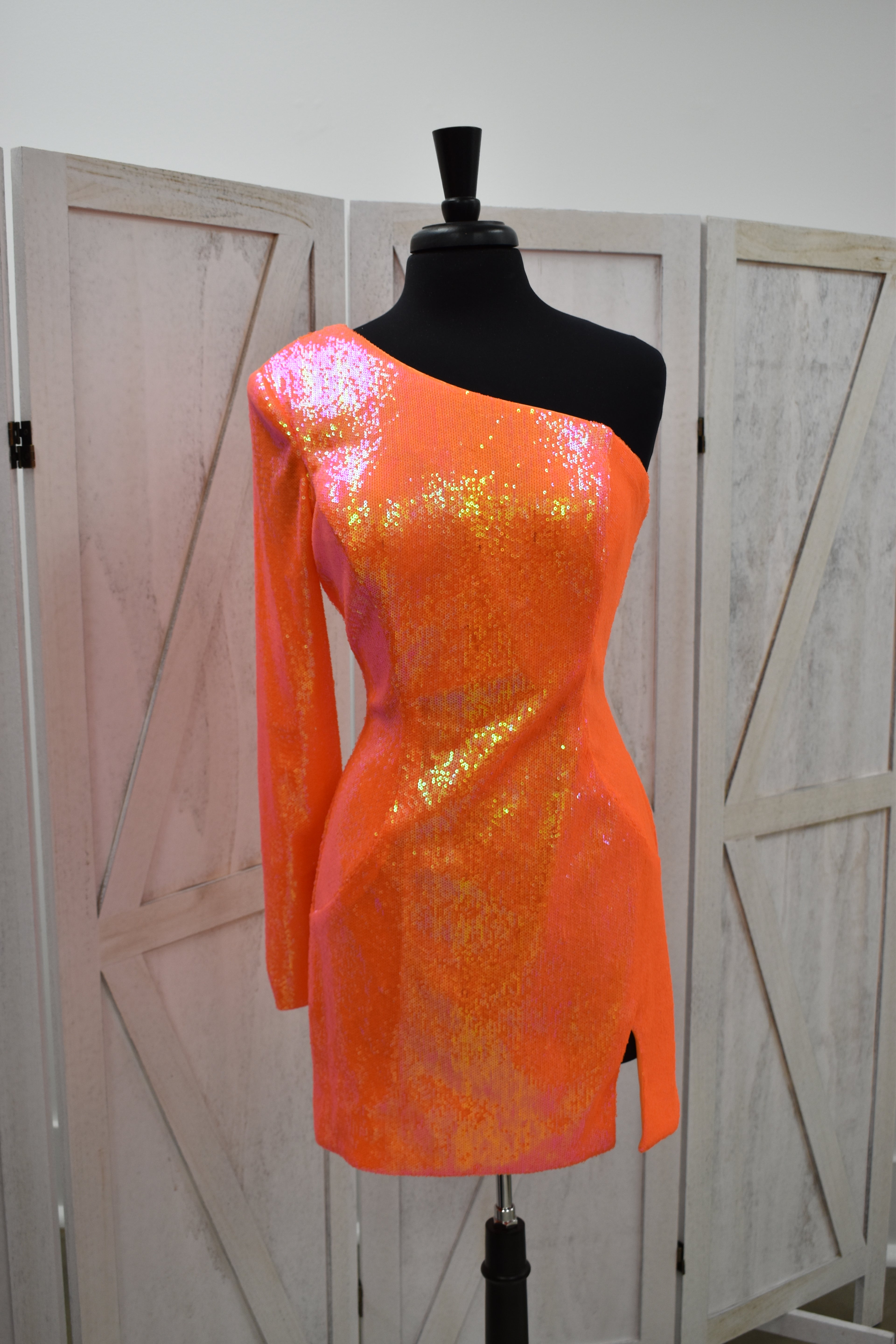 Neon Orange Iridescent Sequin One-Shoulder Long Sleeve Mini Dress