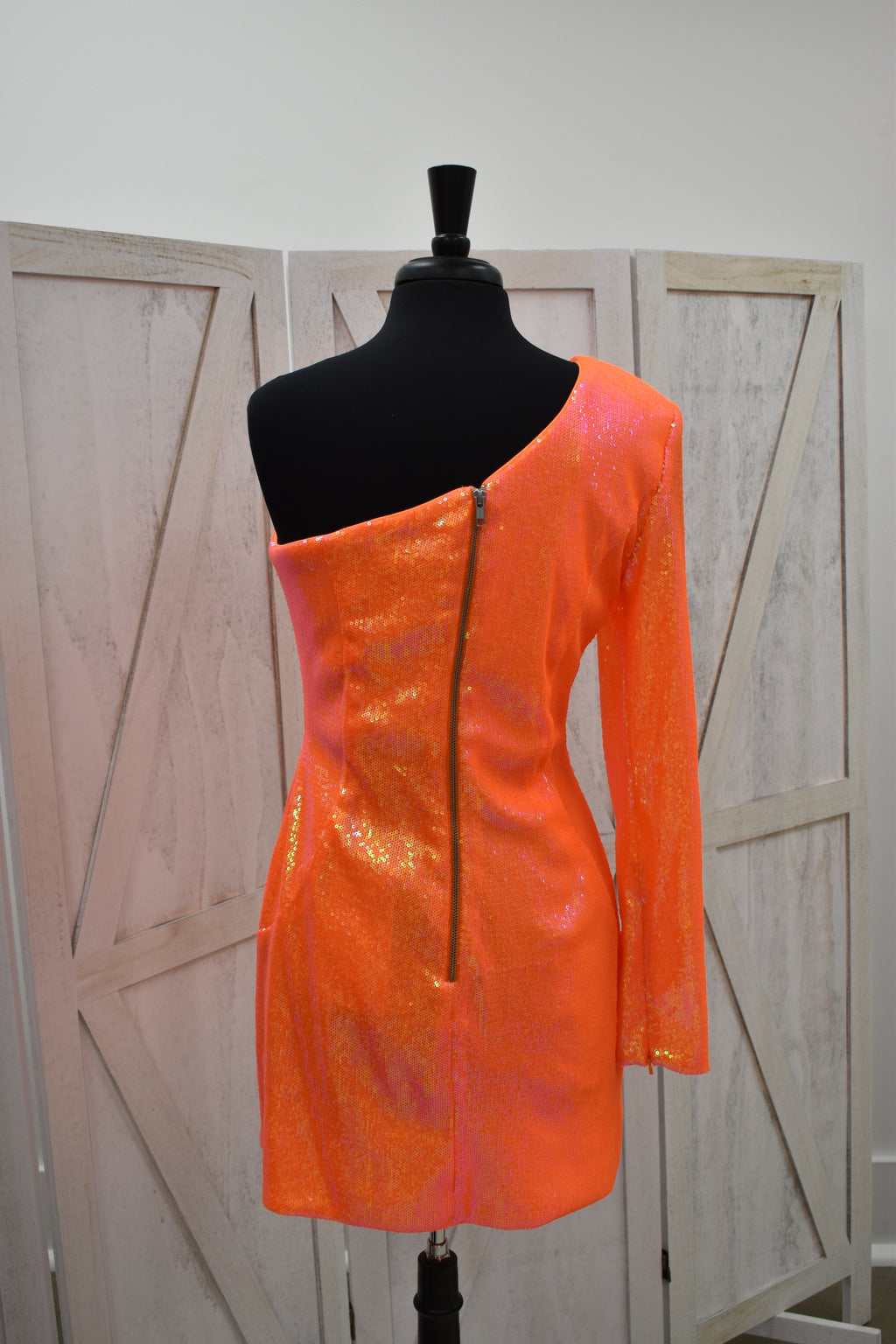 Neon Orange Iridescent Sequin One-Shoulder Long Sleeve Mini Dress