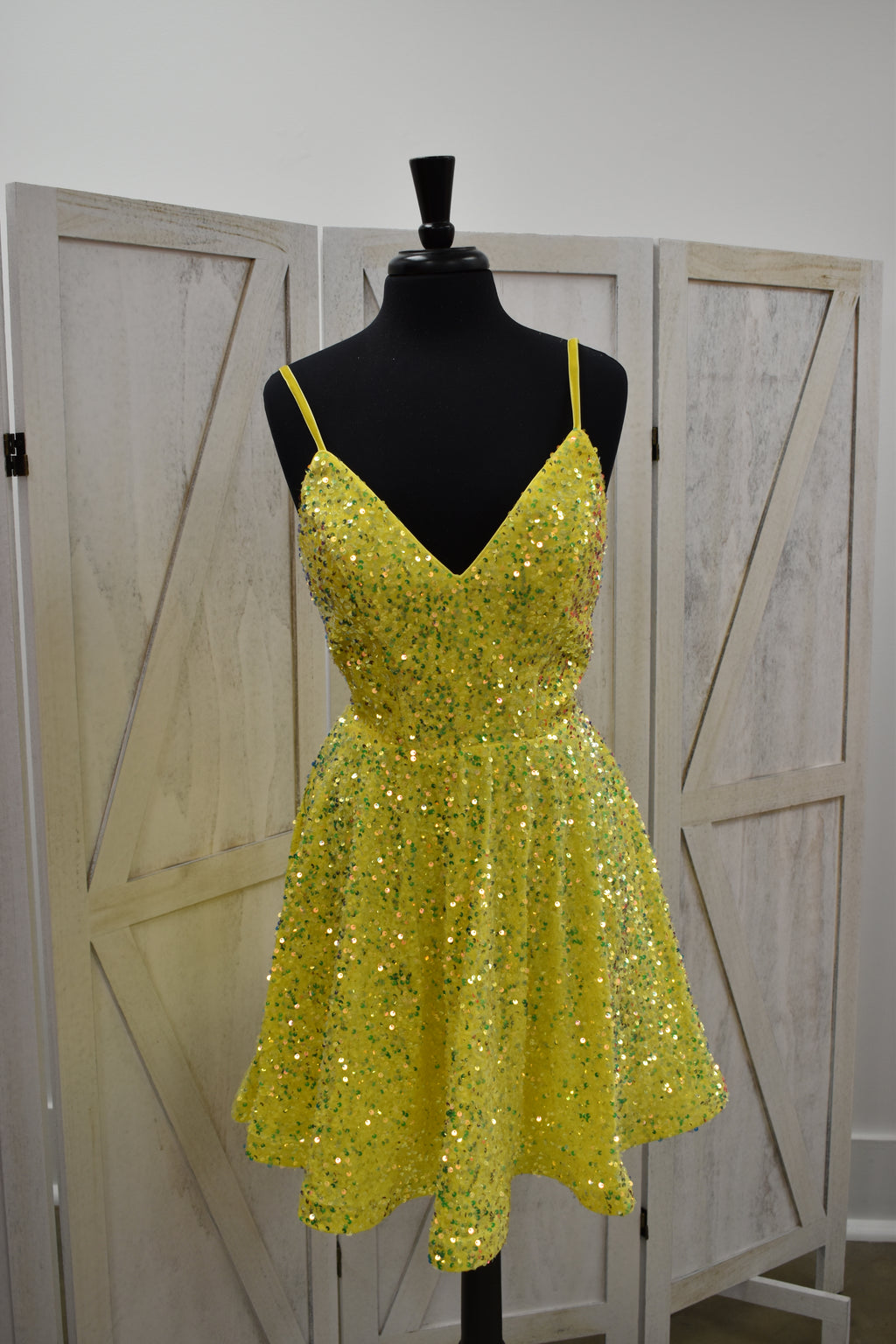 Yellow Chunky Sequin V-Neck Skater Mini Dress