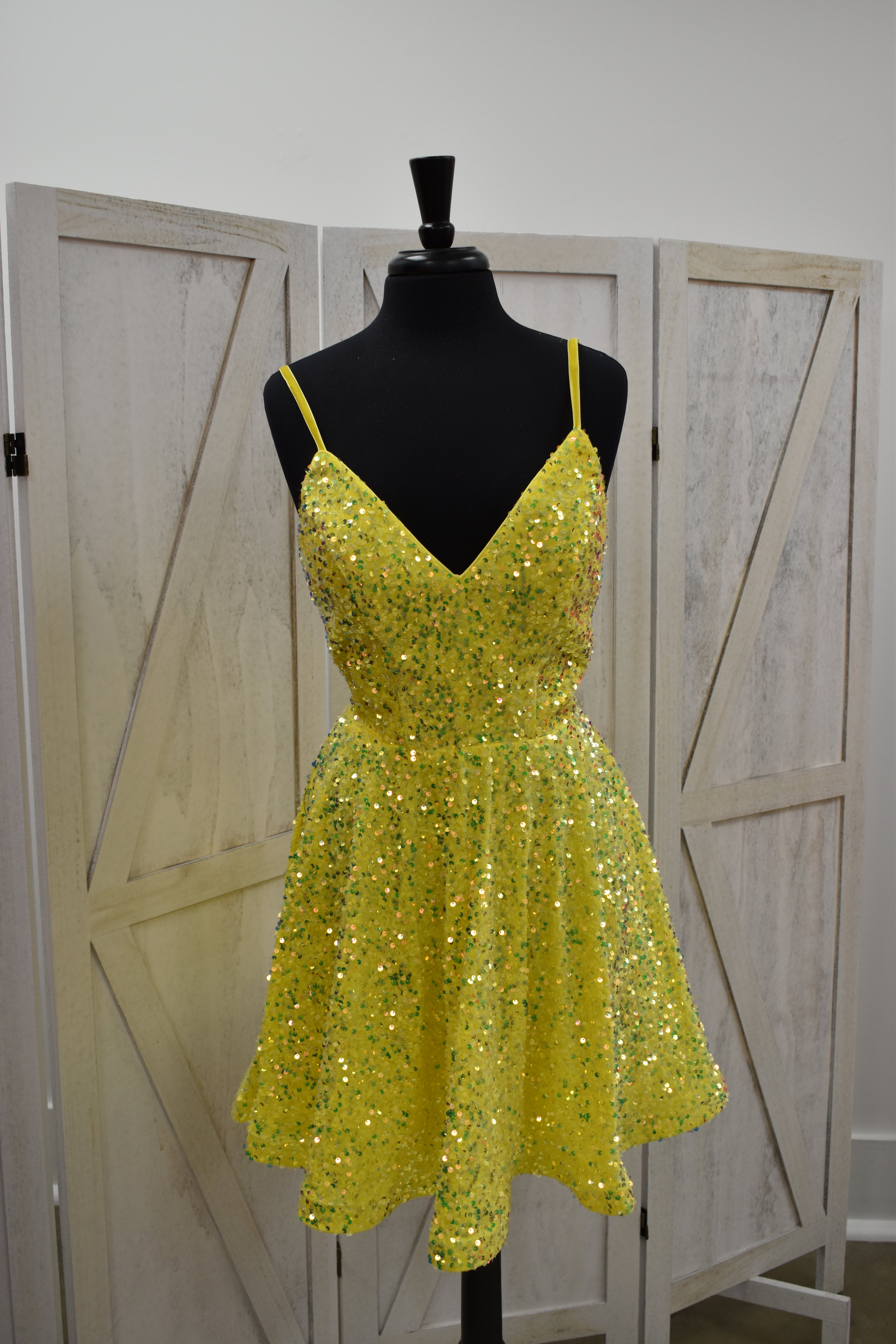 Yellow Chunky Sequin V-Neck Skater Mini Dress