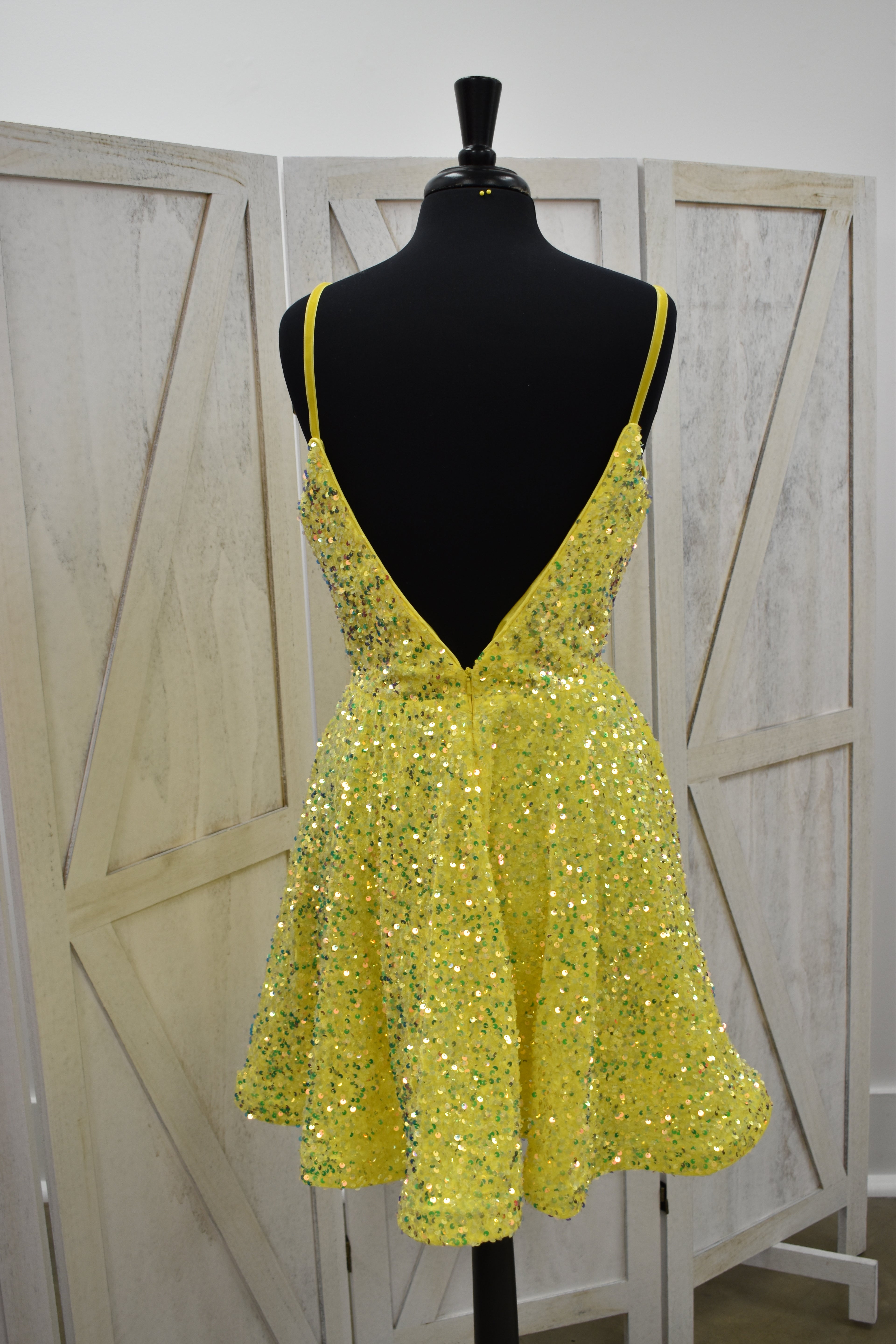 Yellow Chunky Sequin V-Neck Skater Mini Dress