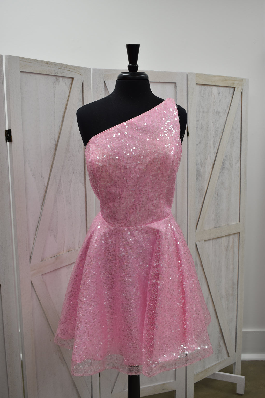 Bubblegum Pink Sequin One-Shoulder Skater Mini Dress