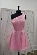 Bubblegum Pink Sequin One-Shoulder Skater Mini Dress