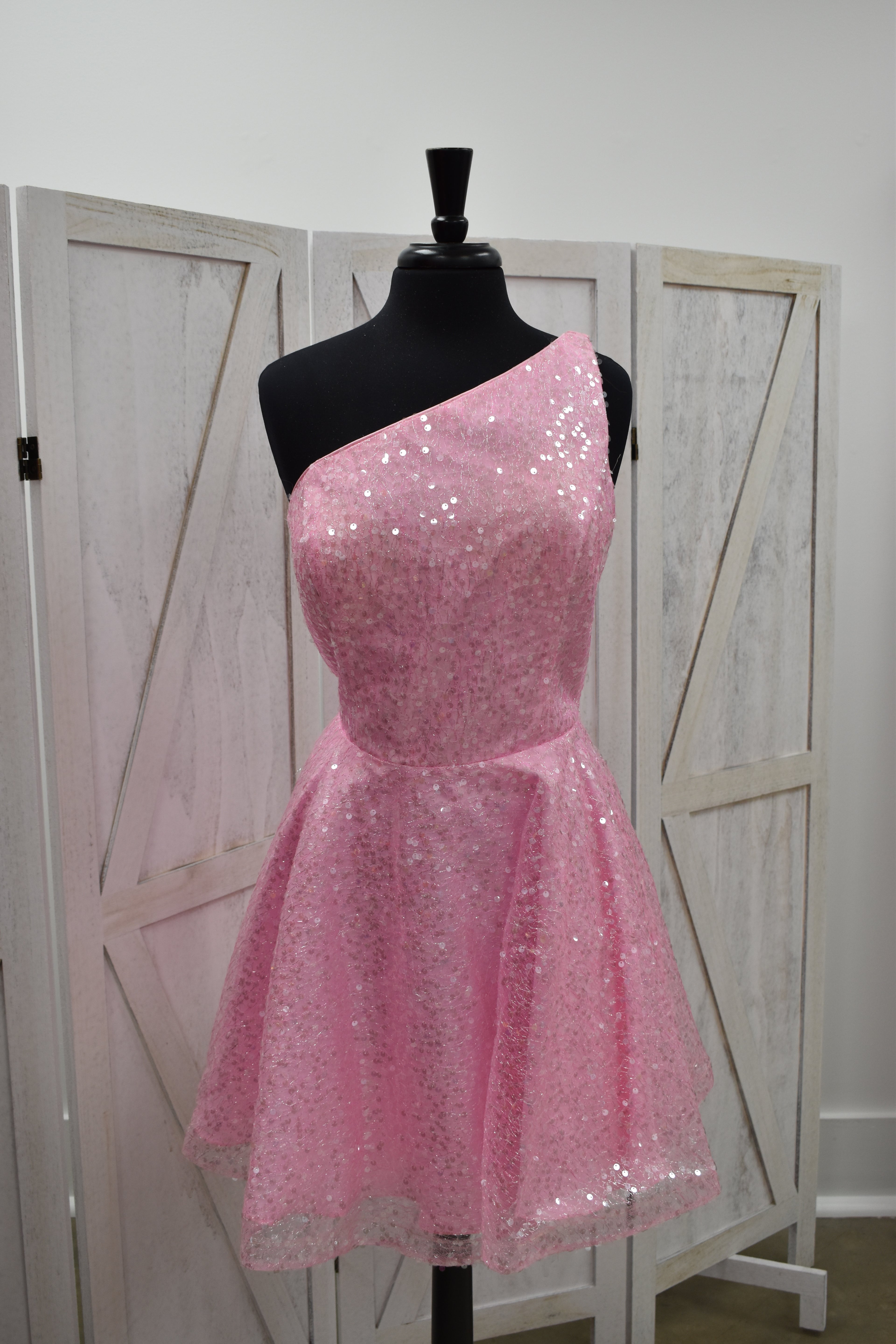 Bubblegum Pink Sequin One-Shoulder Skater Mini Dress